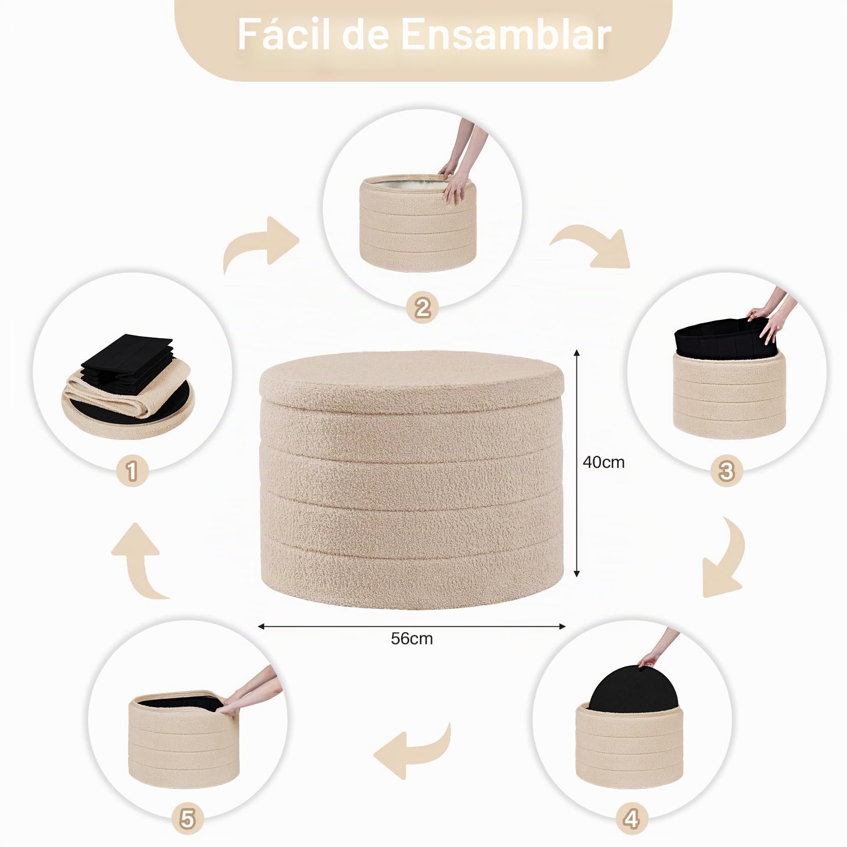 Bonlife Banco con Espacio de Almacenamiento, baúl Plegable, Caja de Almacenamiento, reposapiés, Flores, para Pasillo, Sala de Estar y Dormitorio (Beige, Gran círculo)