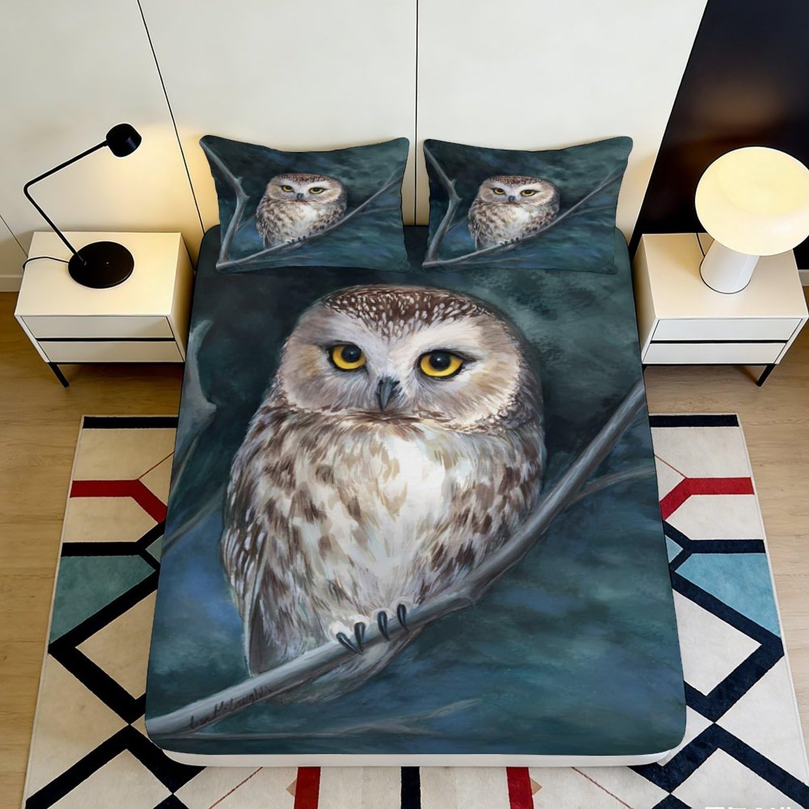 3D Printed Owl Forest Fitted Sheet Microfiber Soft Breathable Night Branch Mattress Cover for Bedroom Dorm Mattress Protection Decor 90x200x25cm