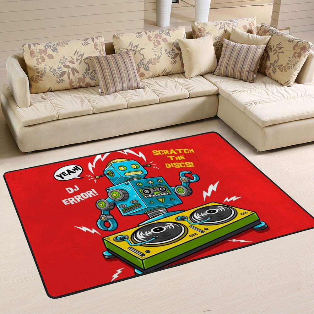 Tapis de jeu robot DJ en velours corail pop art pour salon et chambre 80x58 inch