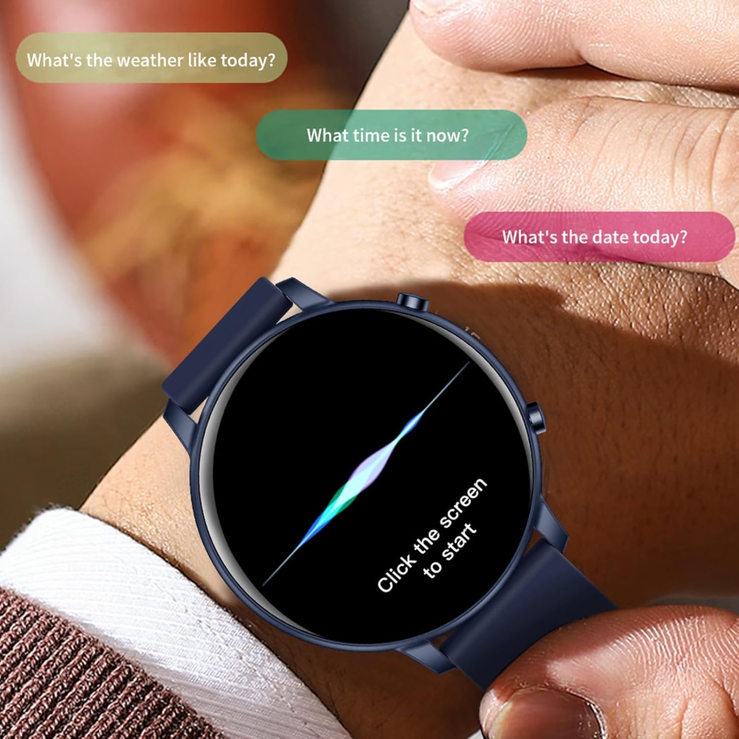 Person interacting with the XIEFEI Smartwatch G28, showing voice assistant prompts.