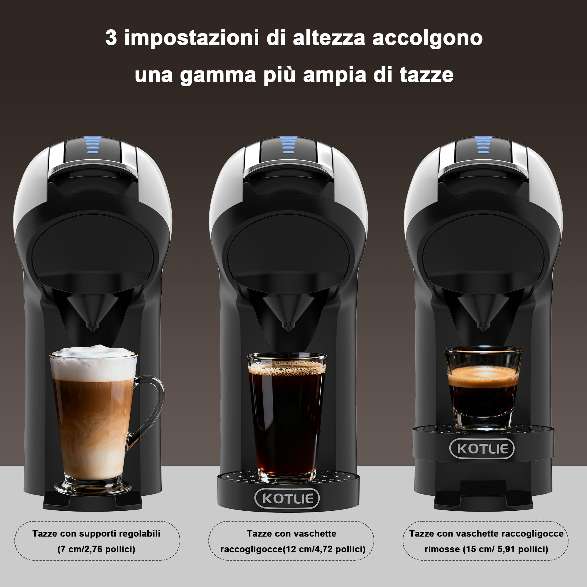 KOTLIE EM-308B Macchina da caffè a capsule NES/DG/MIO/ESE e caffè macinato, serbatoio d'acqua da 1 litro, 3 temperature di infusione, ideale per cucina, appartamento e ufficio