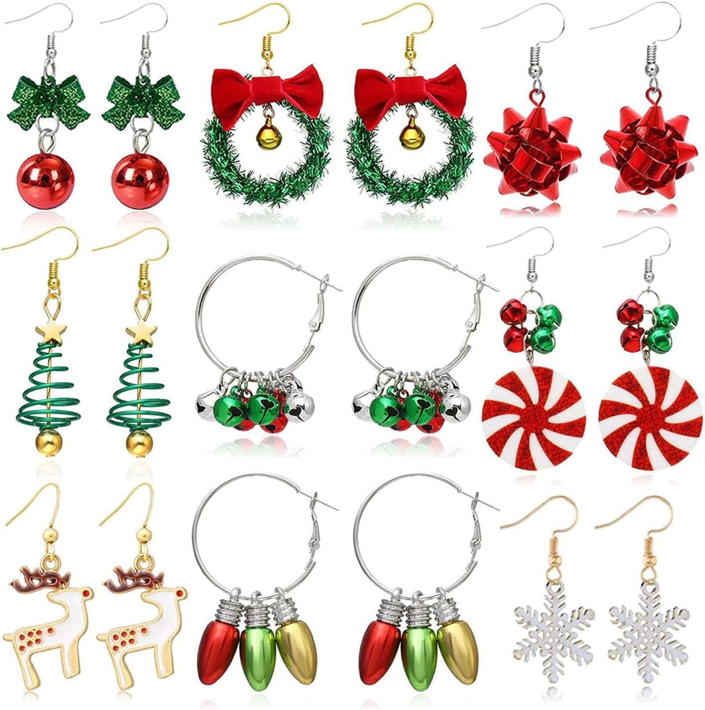 Christmas Earrings for Women Stocking Stuffers Christmas Gift 2026 Jingle Bells Tree Deer Santa Candy Snowflake Bow Holiday Earrings Set Holiday Jewelry Outfits Accessories White Elephant Gifts