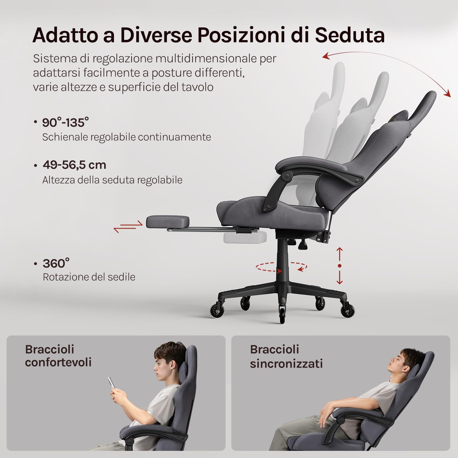 WOLTU Sedia da gaming, Sedia Gaming Ergonomica con Ruote Silenziose, Altezza e Inclinazione Regolabile, con Braccioli Sincronizzati e Poggiapiedi, in Tessuto Scamosciato, Grigio