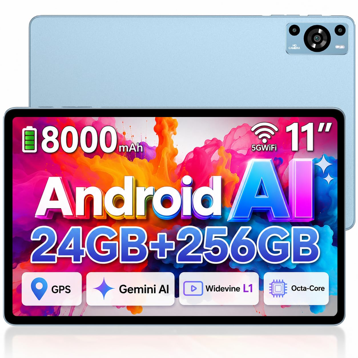 ZIOVO Tablette 11 Pouces Tablette Android 14,24Go RAM+256Go ROM/TF 1To, Octa-Core 2.0GHz,5G WiFi/8000mAh/13+5MP/GMS Certified/Couvercle Métallique/Widevine L1/Soutenir Neflix，Tablette Tactile -Bleu