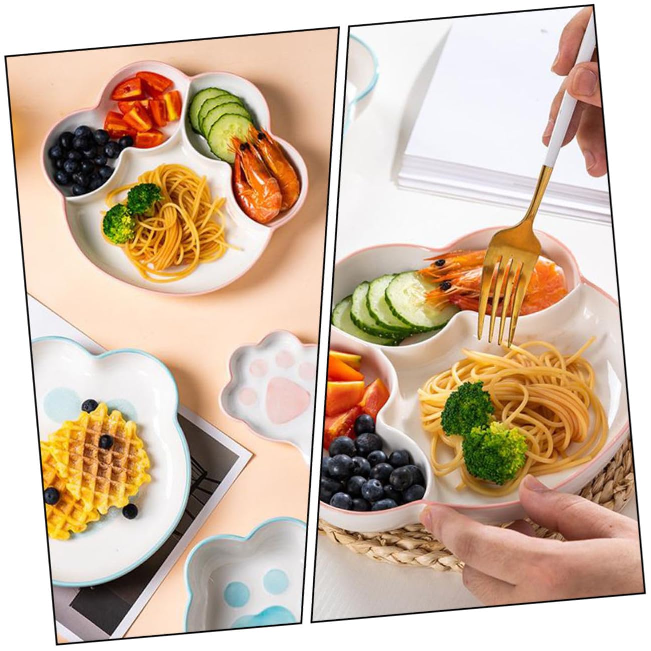 Uonlytech Assiette en Céramique à Compartiments 9 Pouces Couleur Rose, Plaque D’Accueil Multifonction pour Fruits Et Collations, Usage Quotidien Et Repas Équilibré, Design Original Patte De Chat