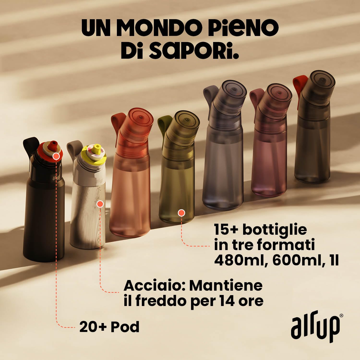 AIR UP® Borraccia Twist Pro Steel in acciaio inox Starter Set Originale, incl. pod aromatizzati in 5 gusti senza zucchero I Borraccia termica 480 ml, mantiene il freddo per 14h, tappo ermetico I Nero