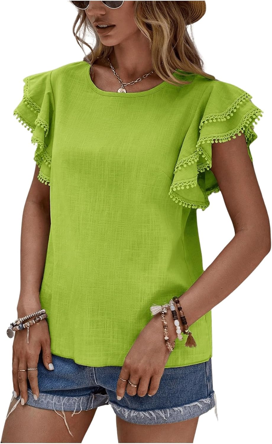 Floerns Women's Solid Butterfly Cap Sleeve Crewneck Contrast Lace Blouse Top - Image 4