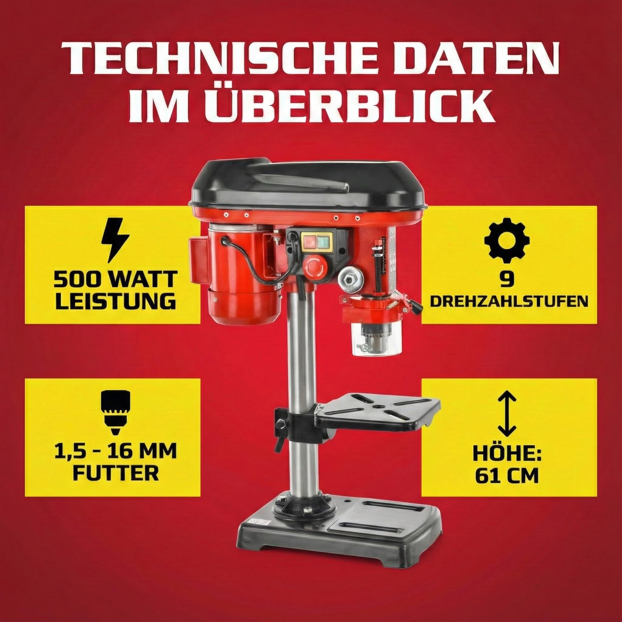 Hecht Standbohrmaschine, Säulenbohrmaschine mit starken 500 Watt – 9-stufige Dreh-zahlregelung, drehbar - und höhenverstellbarer Bohrtisch – Späneschutz - Ideale Standbohrmaschine, Tischbohrmaschine