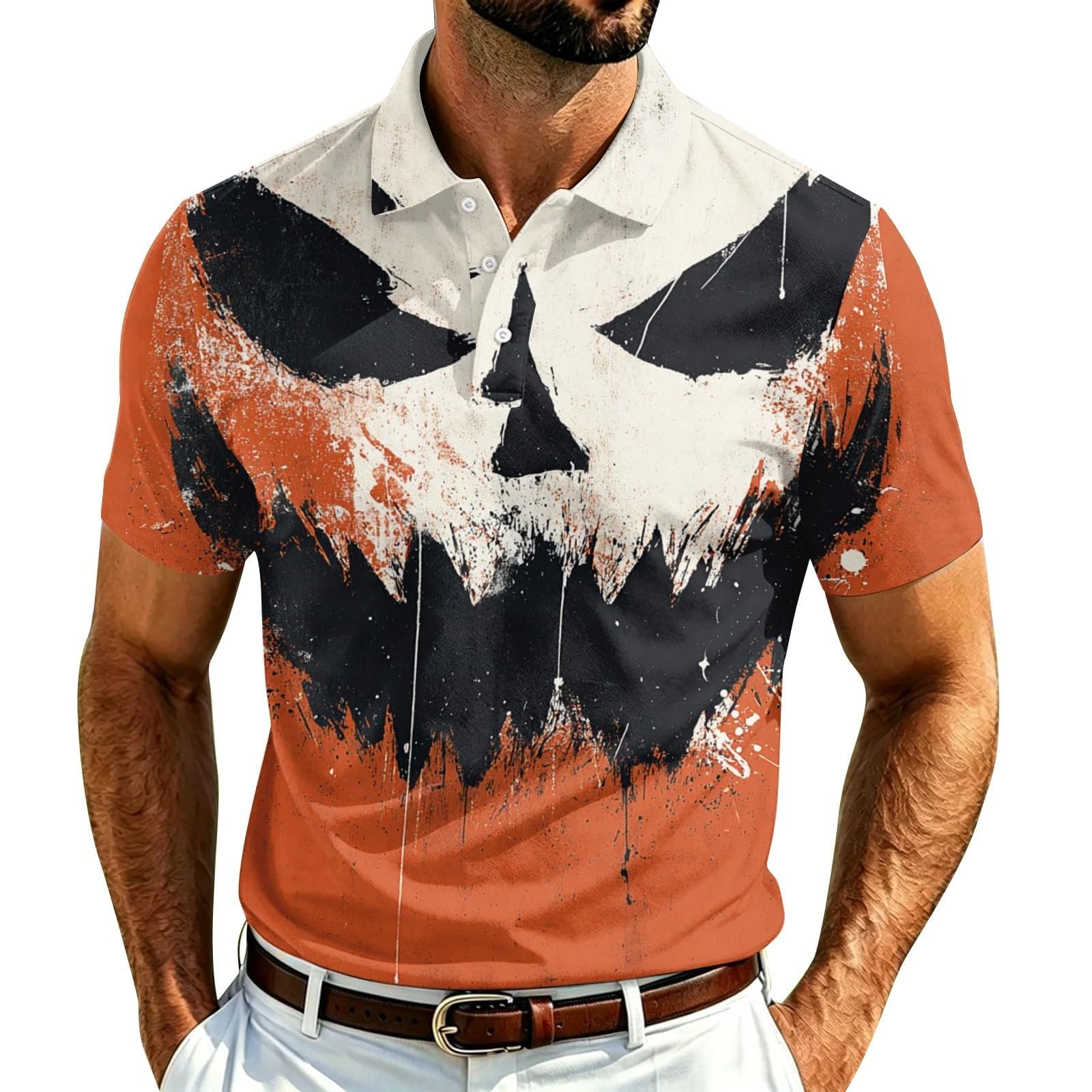 Halloween Polo Shirts for Men Pumpkin Print Costumes Short Sleeve Tops 2026
