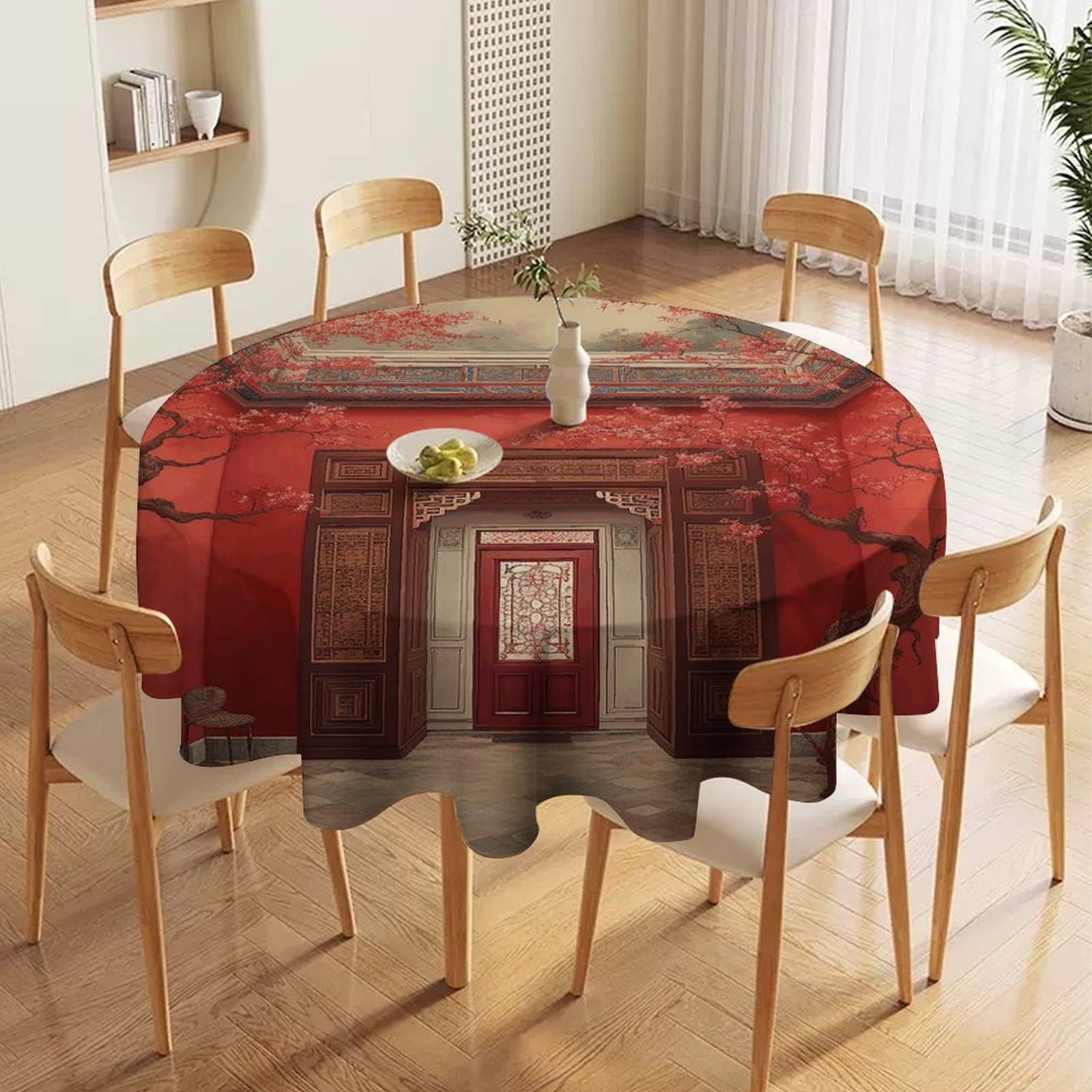 GHZWACKJ Round Tablecloths 70x70in Red Oriental Painting Tablecloth Spillproof Washable Table Cloth Waterproof Farmhouse Table Cover Kitchen Dining Tabletop Protector for Picnic Party Wedding