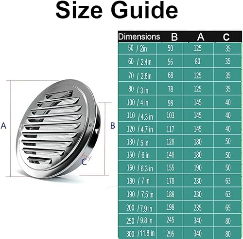 Miniatura 7 de Stainless Steel Air Vent Cover Ventilation Cover, 100mm 200mm Round Air Vent Grill Screen Hood Extractor Fan Ventilation Cover with Screen Mesh for