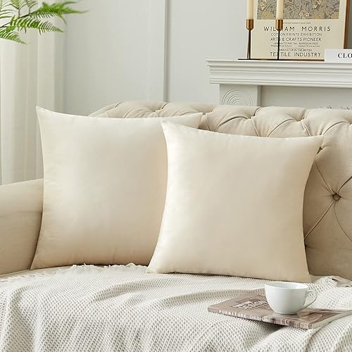 Krifey - Juego de 2 fundas de cojín de terciopelo decorativas cuadradas, suaves, para sofá, dormitorio, coche, 46 x 46 cm, color blanco crema