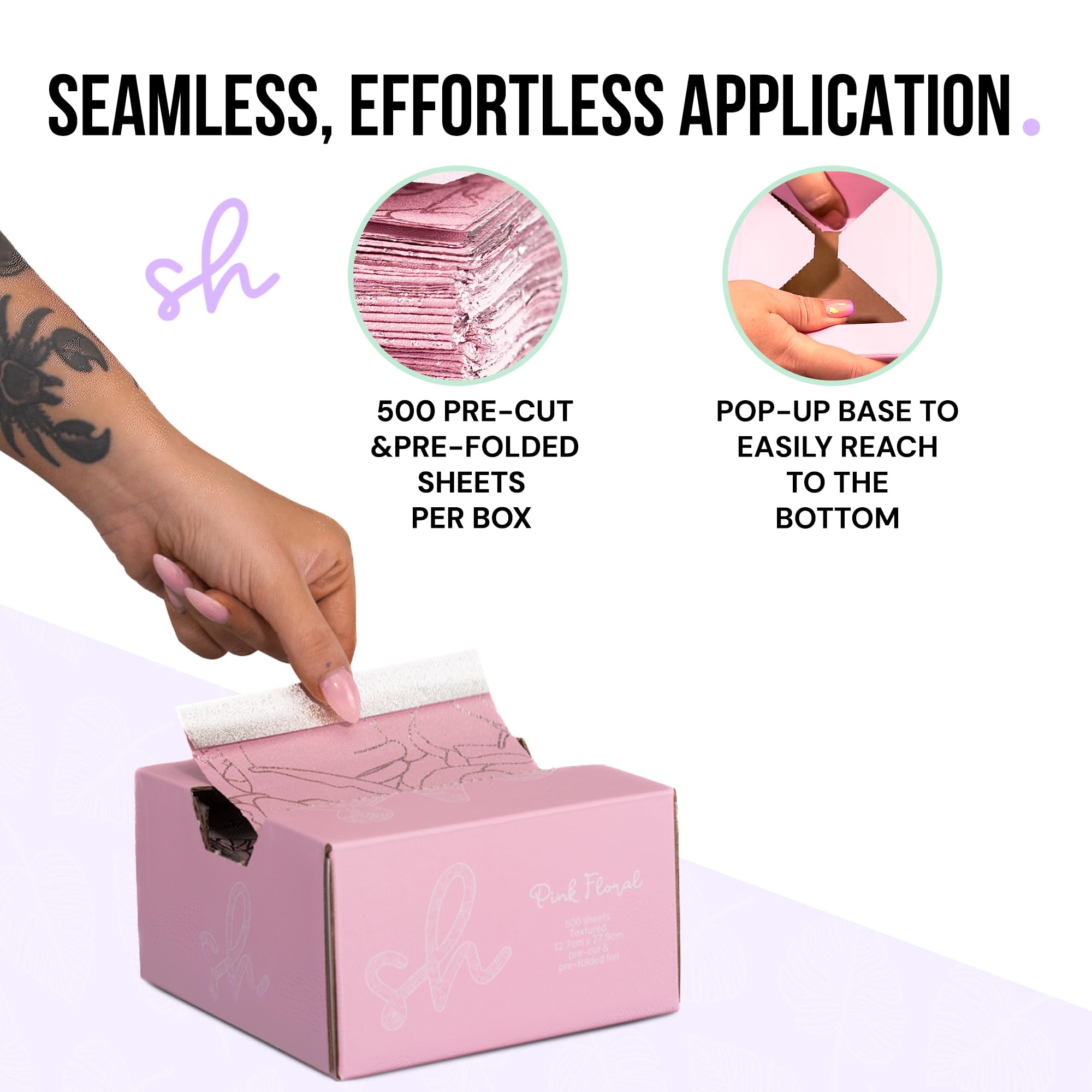 Extra Wide Pop Up Hair Foil, Hairdressing Foil For Highlighting and Balayage, 500 Pre-cut & pre-folded 12.7cm x 27.9cm sheets, Embossed Foil with Pink Floral Print Design.