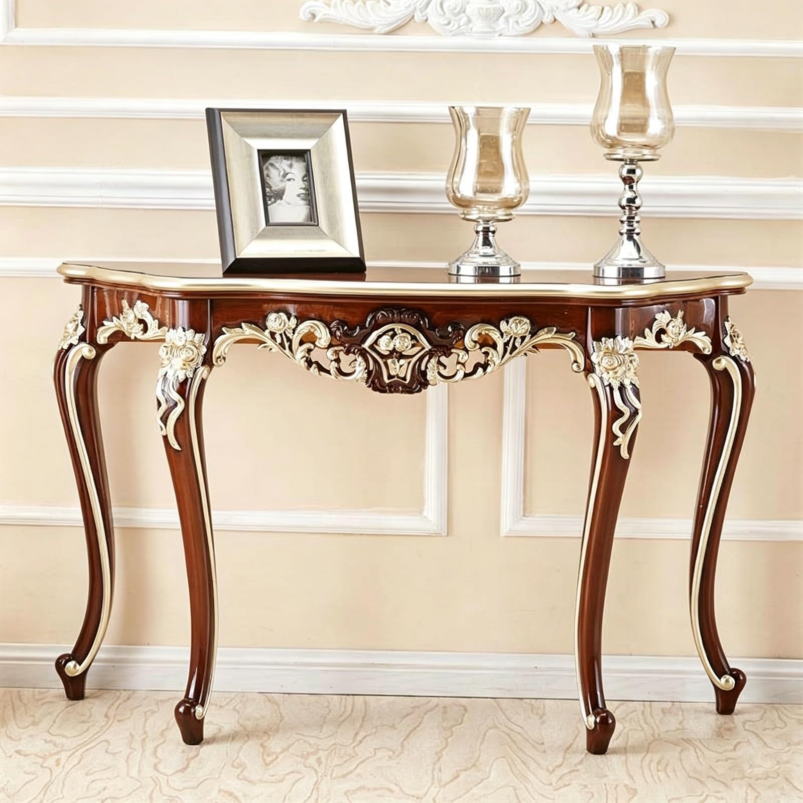 Consola demilune de madera noble maciza tallada artesanalmente con patas florales doradas