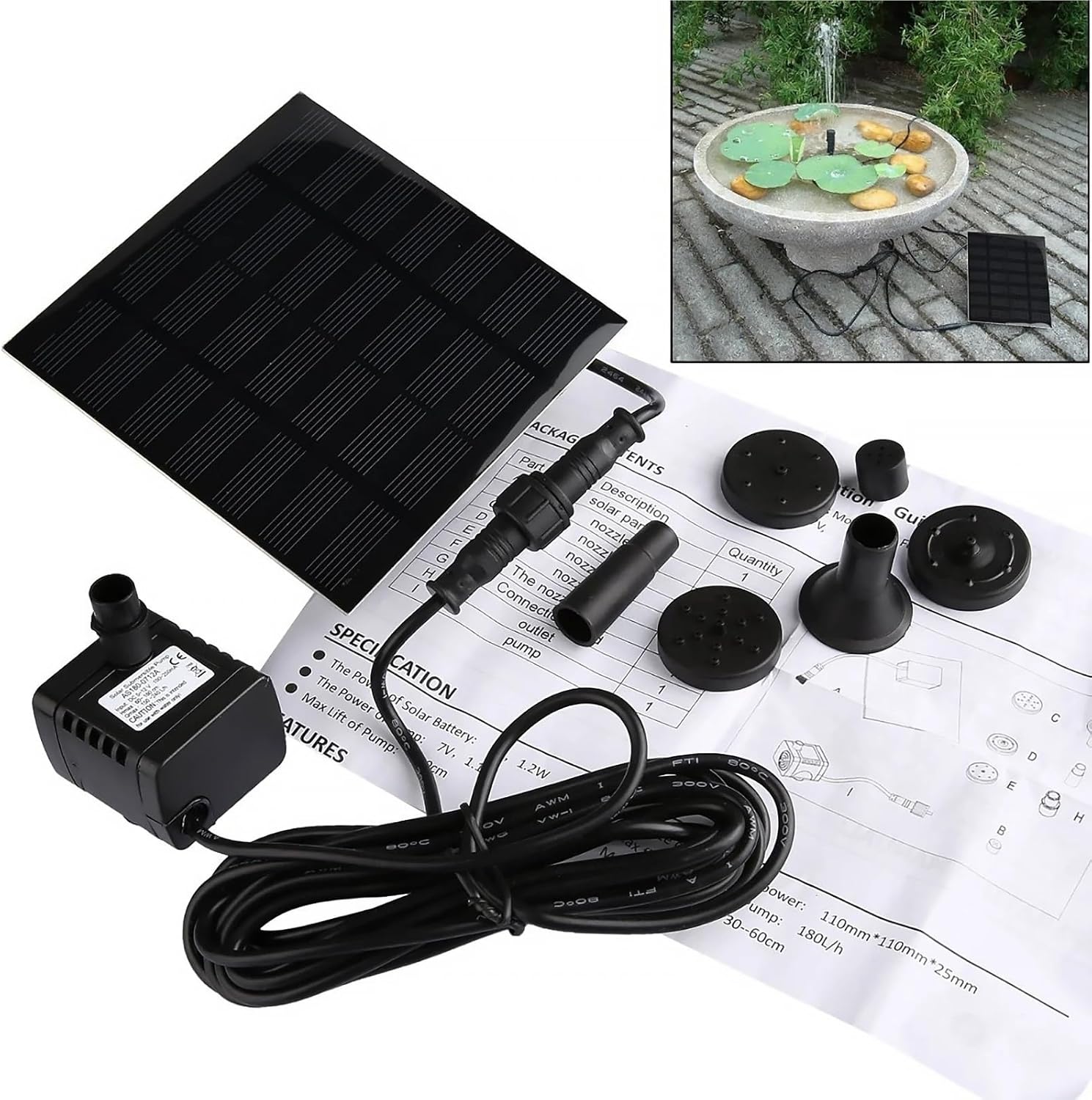 1pcs Solar Hydroponics Submersible Pump Multifunctional with 6 Nozzles Water Pump Filter Decorative Props Portable for Outdoor Garden