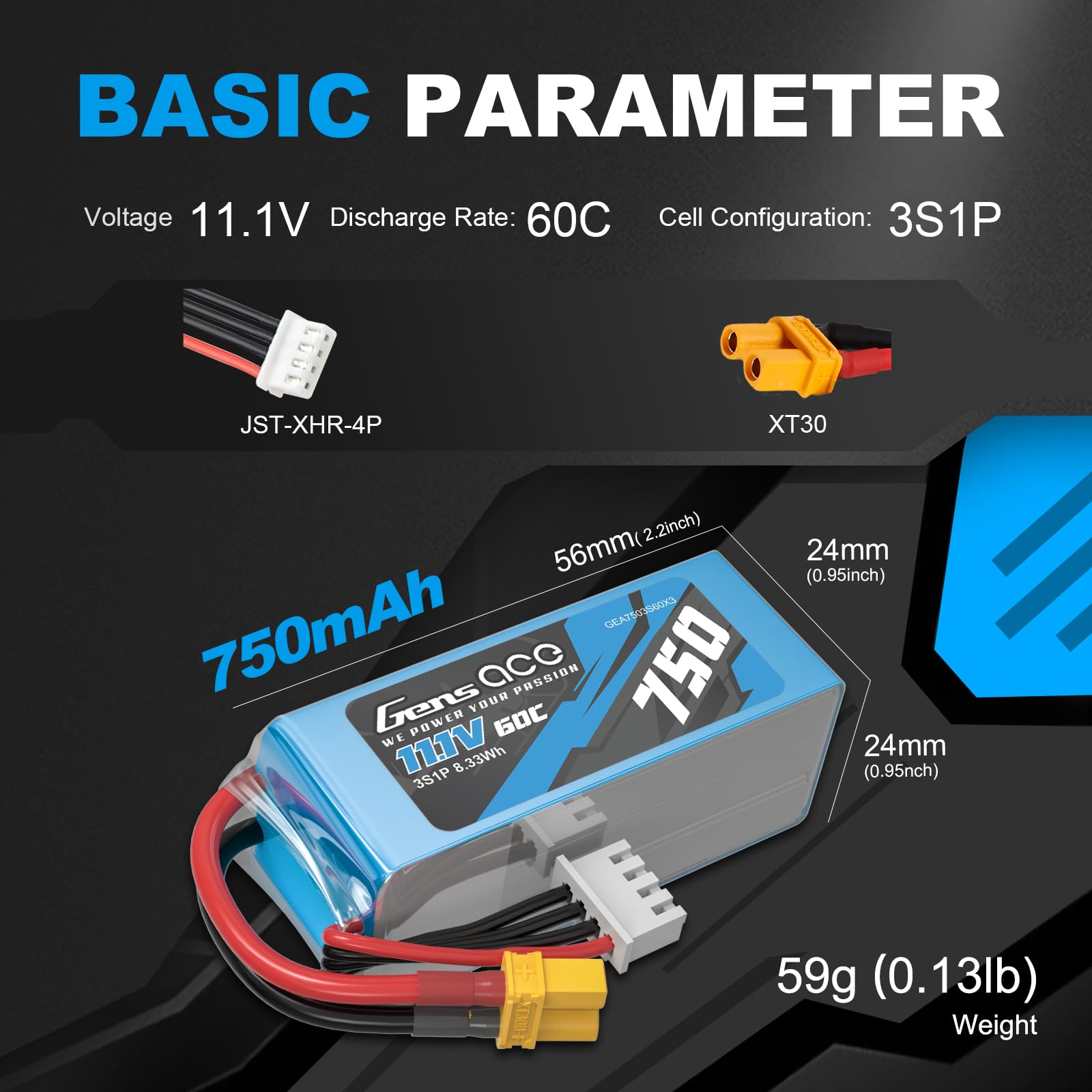 Gens ace 3S 750 mAh 11,1 V 3S1P 60C Lipo akumulator z wtyczką XT30 do FPV Racing Quadrocopter Helicopter