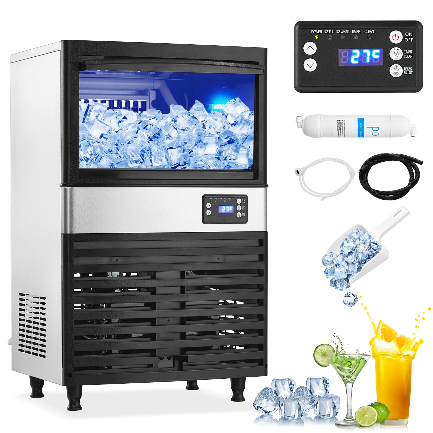 Commercial Ice Maker Machine, 150lbs/24h Stainless Steel Under Counter Ice Machine With 30lbs Ice Storage Capacity, Freestanding Ice Maker For Home Bar Outdoor on Fridge.com - View 2