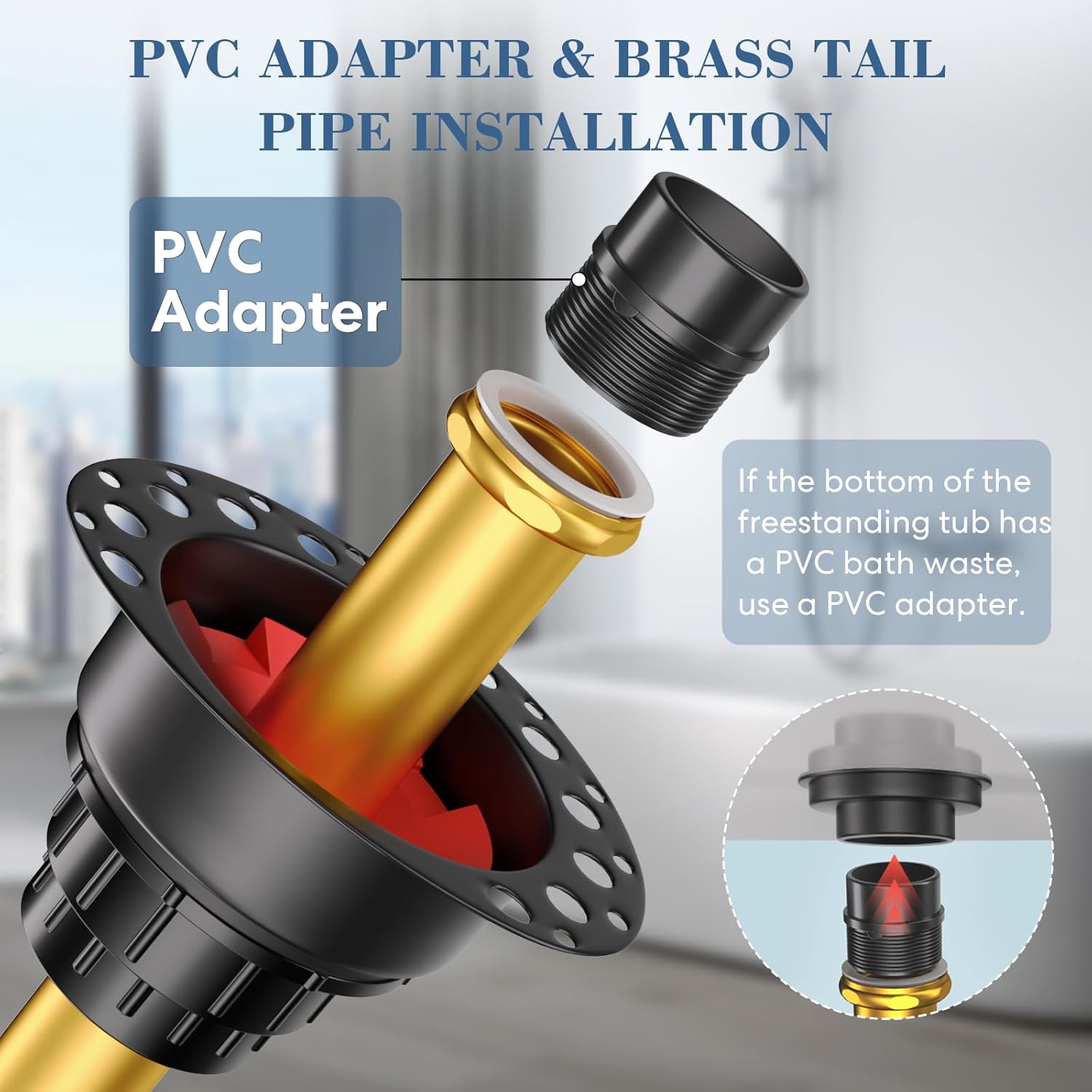 Freestanding Tub Drain Kit, PVC Bathtub Drain Rough-in Kit，Compatible with Free Standing Bathtubs, Floor Mounted Bathtubs and Island Bathtub, with PVC Plastic Adapter and Brass Tail Pipes
