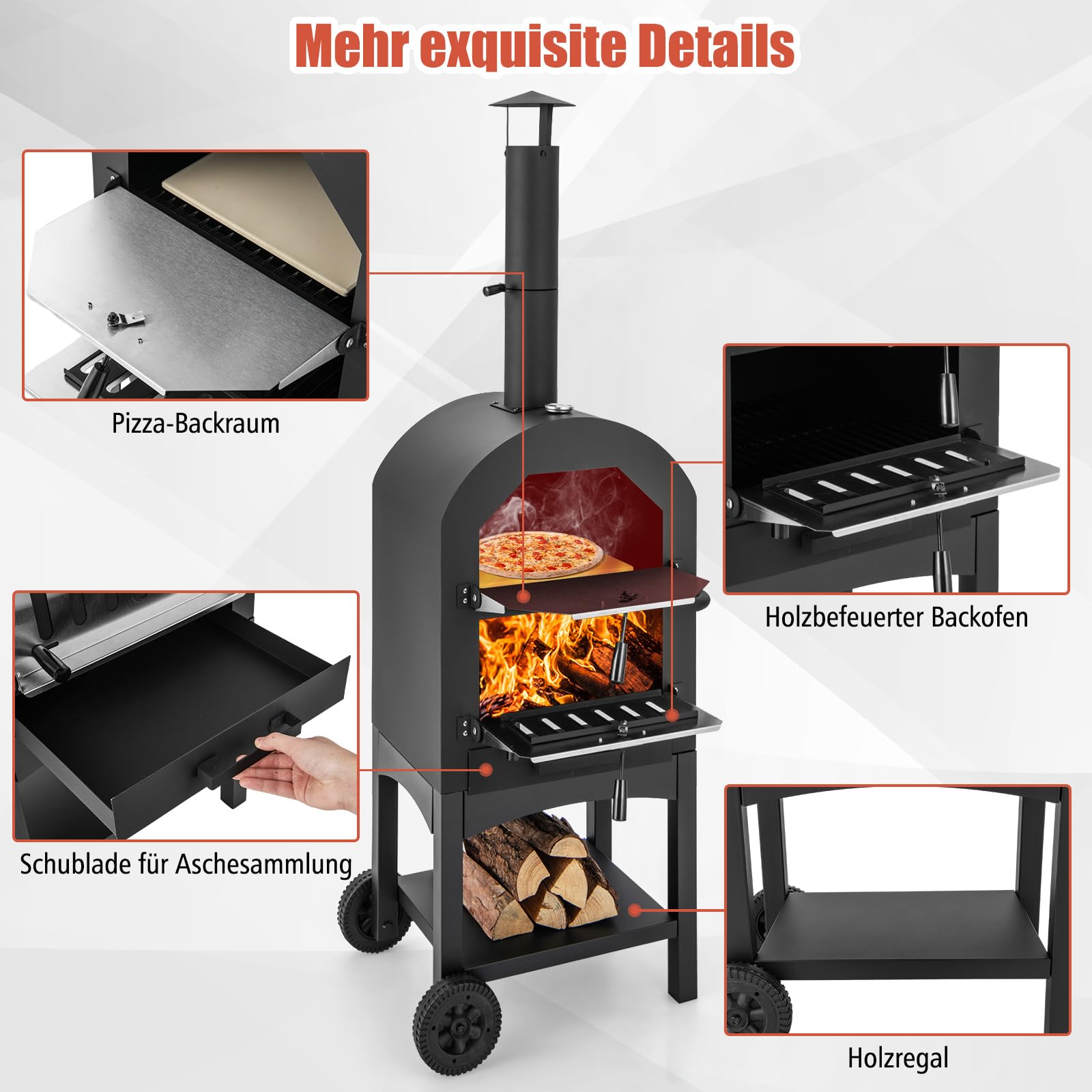COSTWAY Pizzaofen Outdoor, holzbefeuerter Pizza Ofen mit Thermometer, Griff, Rädern, wasserdichter Abdeckung, Ascheauffangschublade