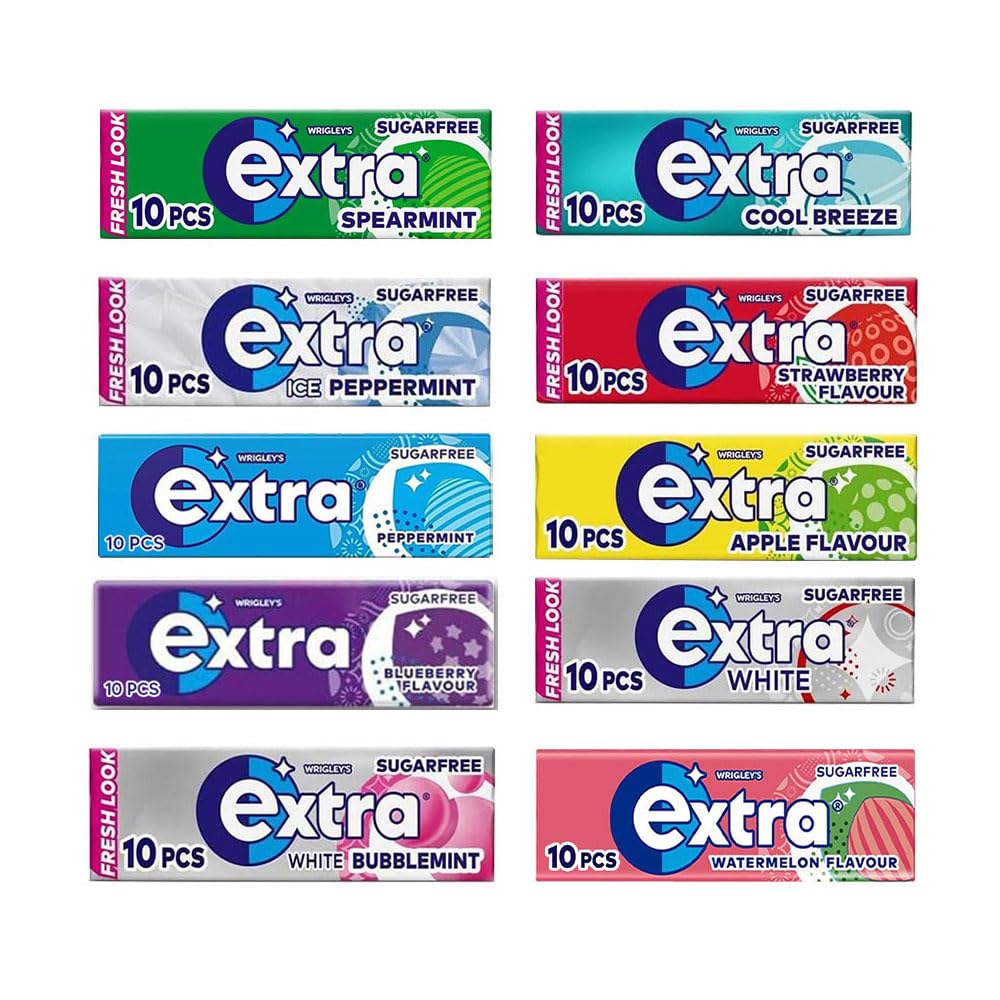 Extra Chewing Gum 10 x Sugar Free Selection Fresh Bulk box All Mix Flavours - Peppermint, Watermelon, Strawberry, Ice, Apple, White, Cool Breeze, Bubblemint, Blueberry, Spearmint Sold by VR Angle