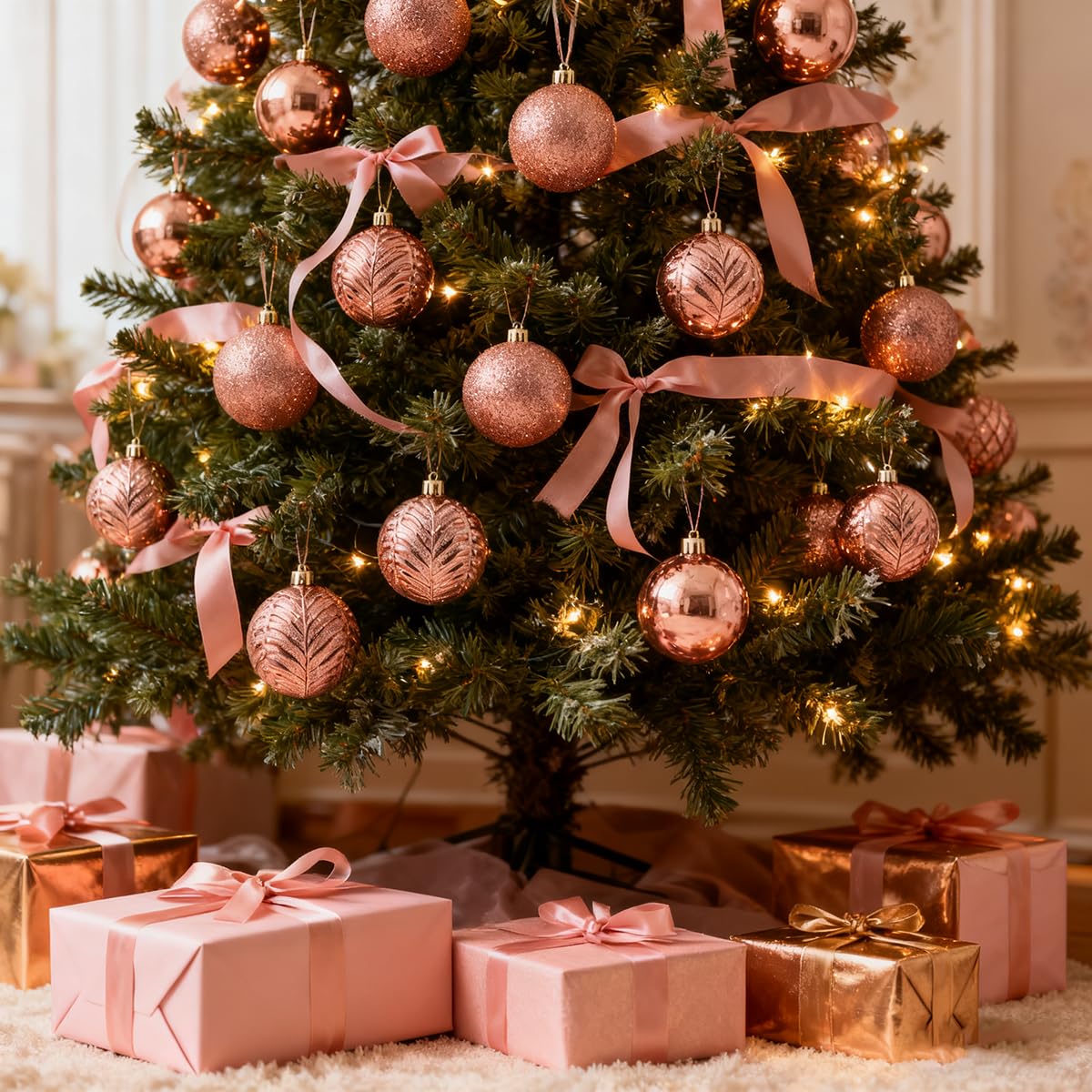 LANGXUN 36 pièces de Boules de Noël en Or Rose pour Les décorations de Noël, de Mariage et de fête, Boules incassables pour l'arbre de Noël avec Boucle de Suspension