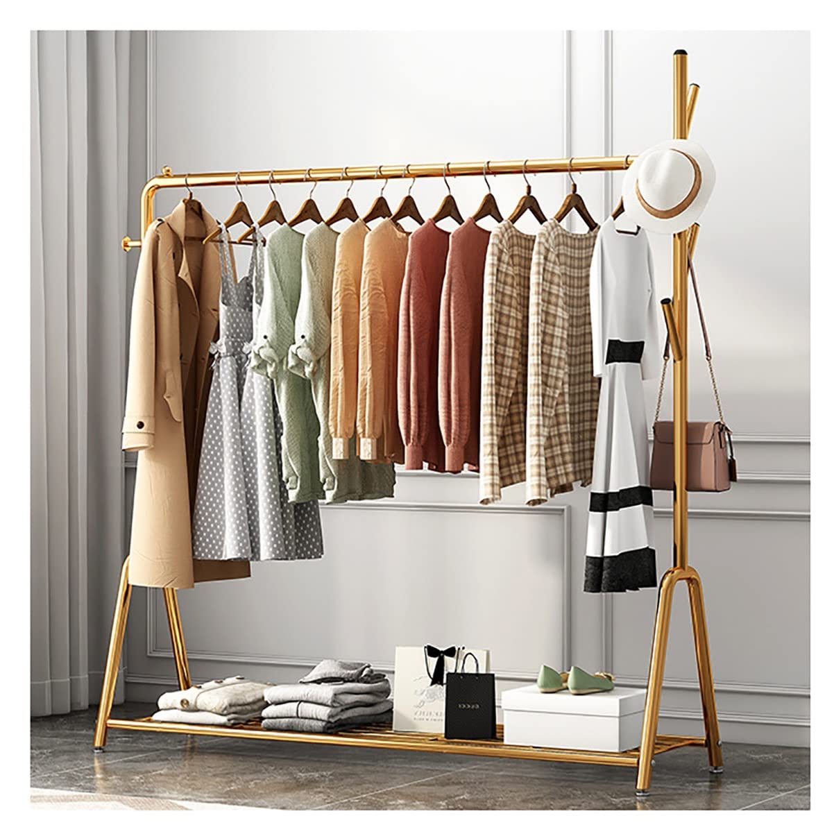Clothes Rod Rack Shoe Bench Coat Stand Rack Hanger Metal Garment Rack Stand with Top Rod and Storage