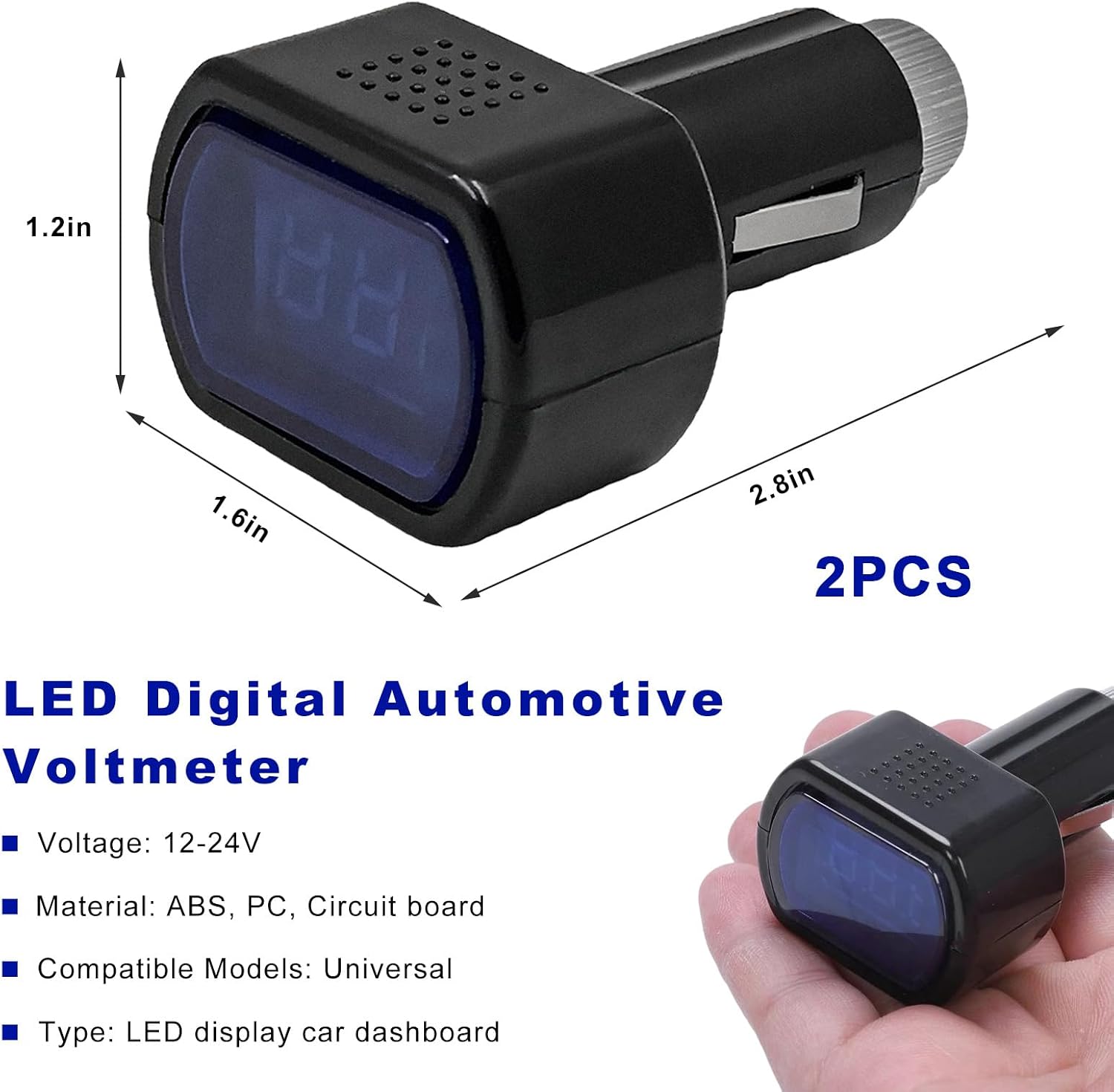 2 PCS Car LED Cigarette Lighter Voltmeter, DC 12V 24V Vehicle Battery Monitor Digital Voltage Gauge Meter, Real-Time LED Display Electric Voltmeter for Car Truck Motorcycle