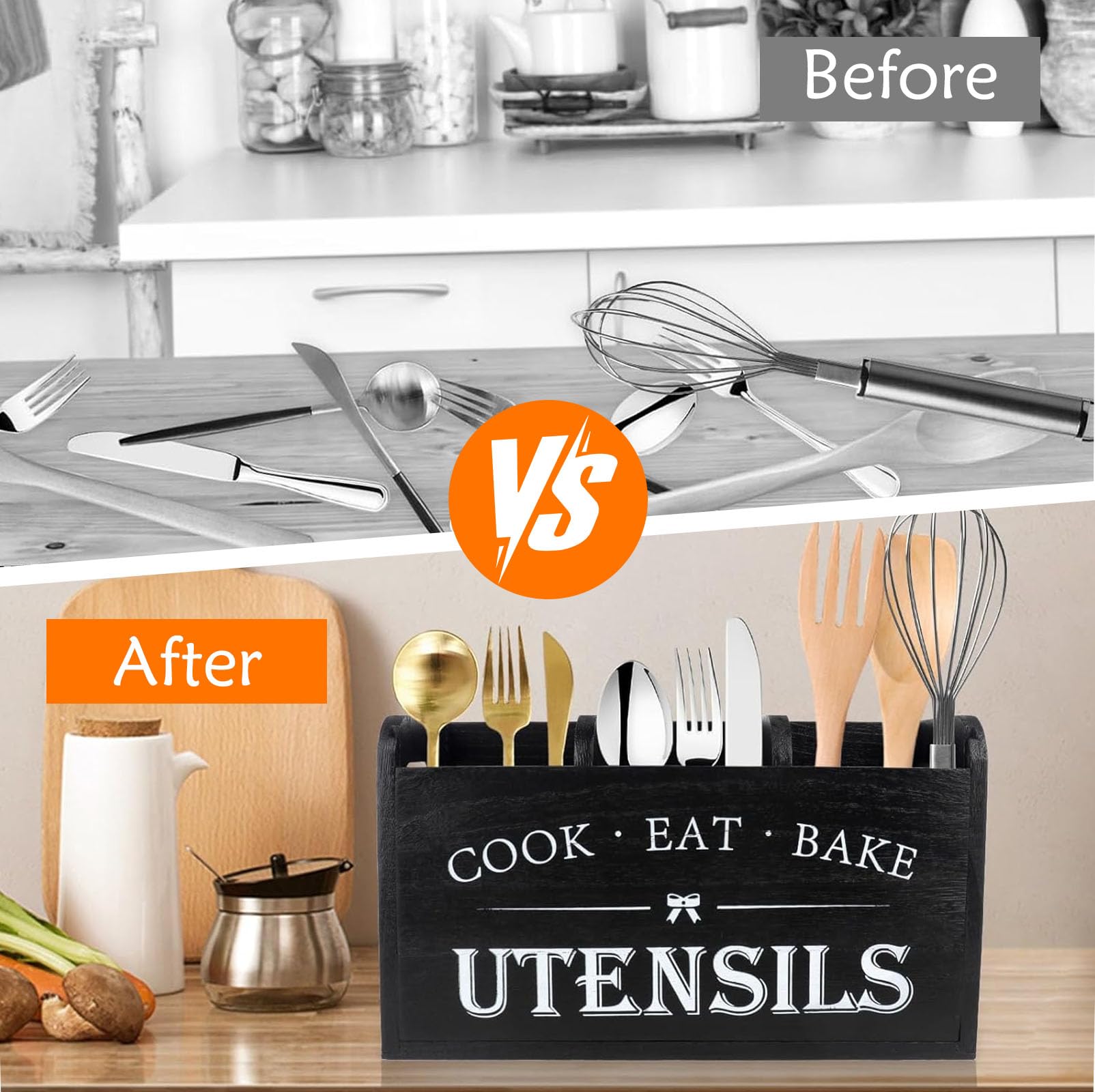 Portautensili da cucina con 3 Scomparti & Fori Drenaggio, Organizer Utensili Legno Porta Mestoli, Scatola Immagazzinaggio Stoviglie Organizzatore Posate per Tavoli, Piani Lavoro, Bacchette, Forchette