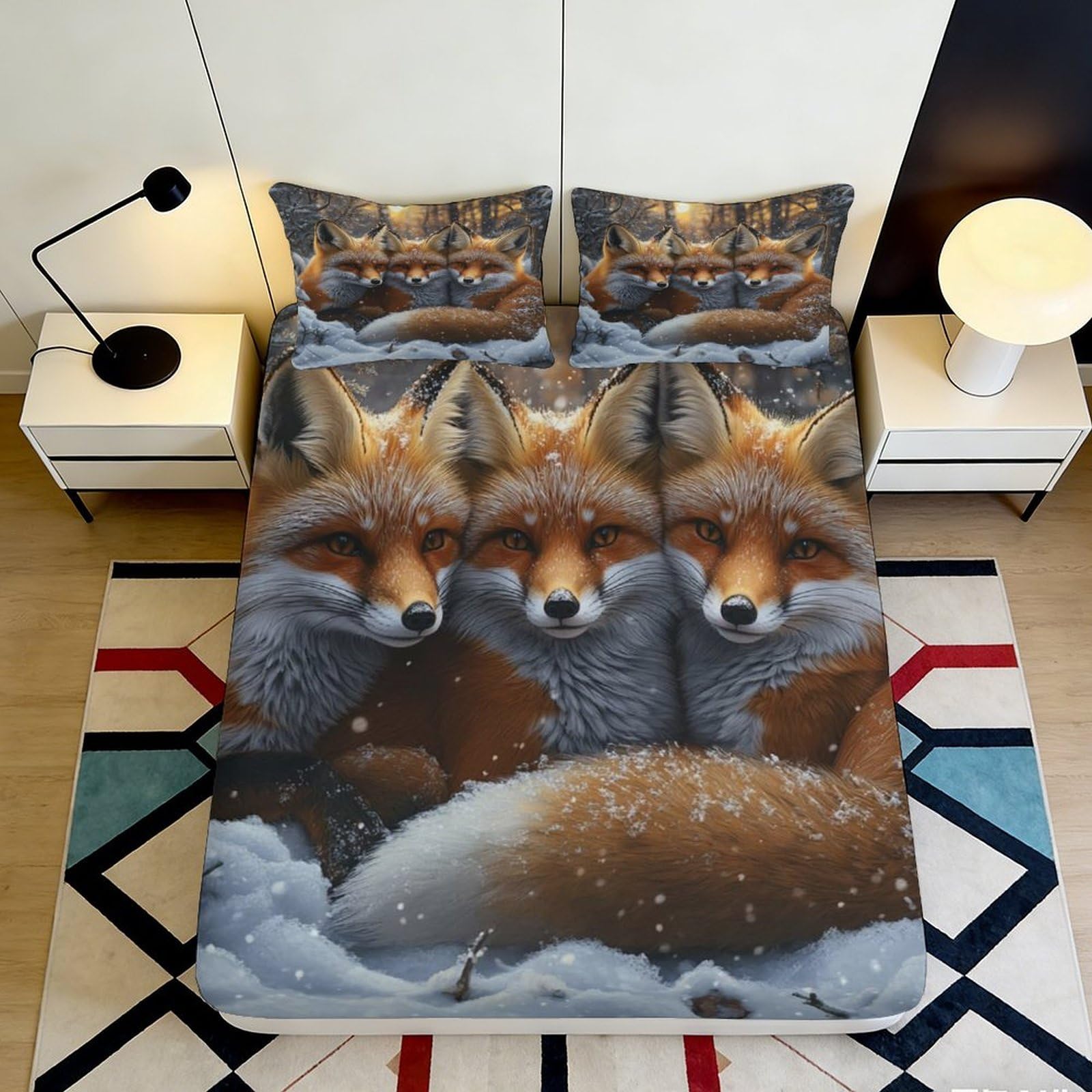 Uxinyoume Style-6 3D Printed Fox Forest Fitted Sheet Microfiber Soft Anti-Slip Winter Fox Bed Cover For Bedroom Guest Room Decor 90X200x25cm