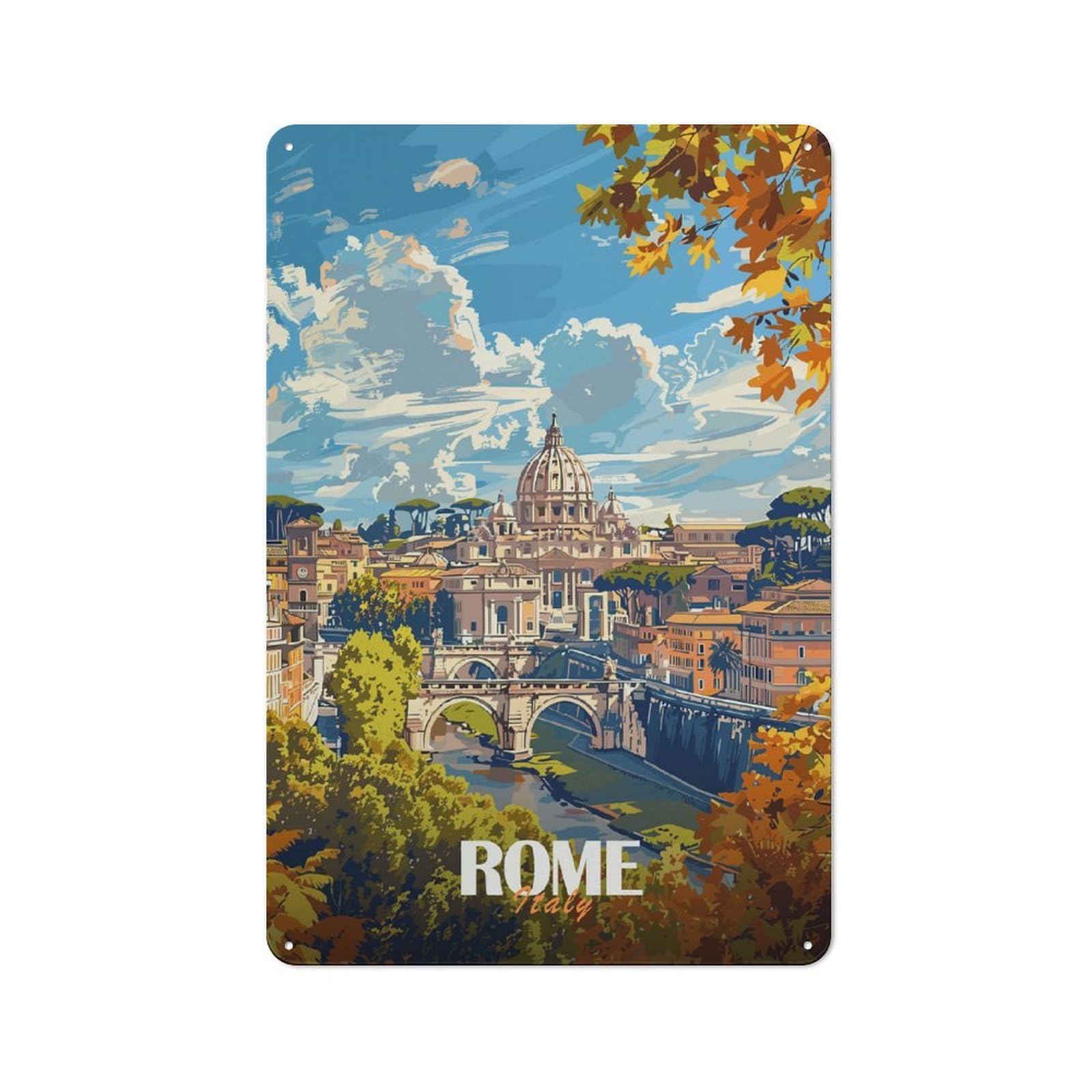 Junmoney Style-2 Rome Cityscape With St. Peters Basilica(2) Printed Metal Sign 30X20cm For Garage Wall, For Collectors Of Vintage Metal Wall Decor