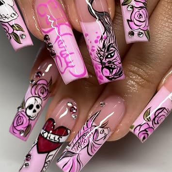 24Pcs Pink French Tip Press on Nails Long Coffin Fake Nails with Koi Rose Heart Hand-drawn Manga Design Y2K Style False Nails Glue on Nails Handmade Full Cover Stick on Nail for Women Nail Decor