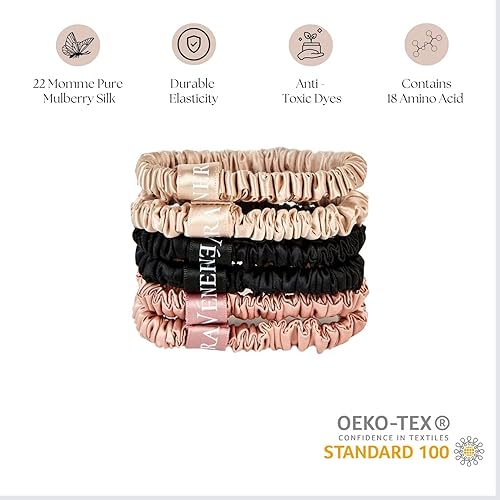 Miniatura 10 de VÉNERA Silk - Mini coleteros de seda 100 % pura de morera 22 momme, 4 lazos de seda suaves en el cabello, certificado Oeko-Tex, coleteros de seda de