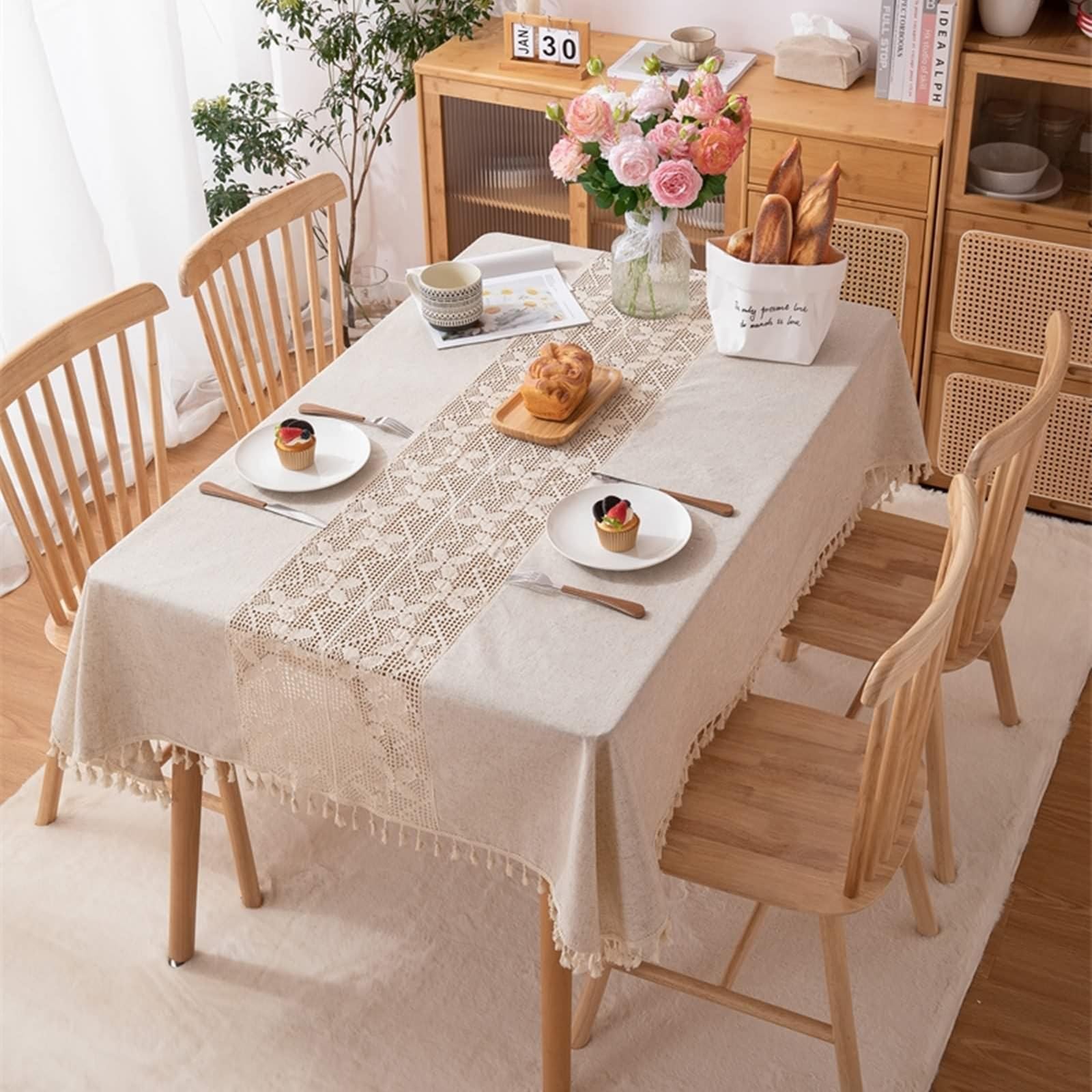 Tovaglia Elegante e raffinata tovaglia Rettangolare all'Uncinetto 120x56 Pollici per Sala da Pranzo in Poliestere per 8-10 Persone con Motivo a Farfalla e Frange 140x300 cm (Larghezza x Lunghezza)