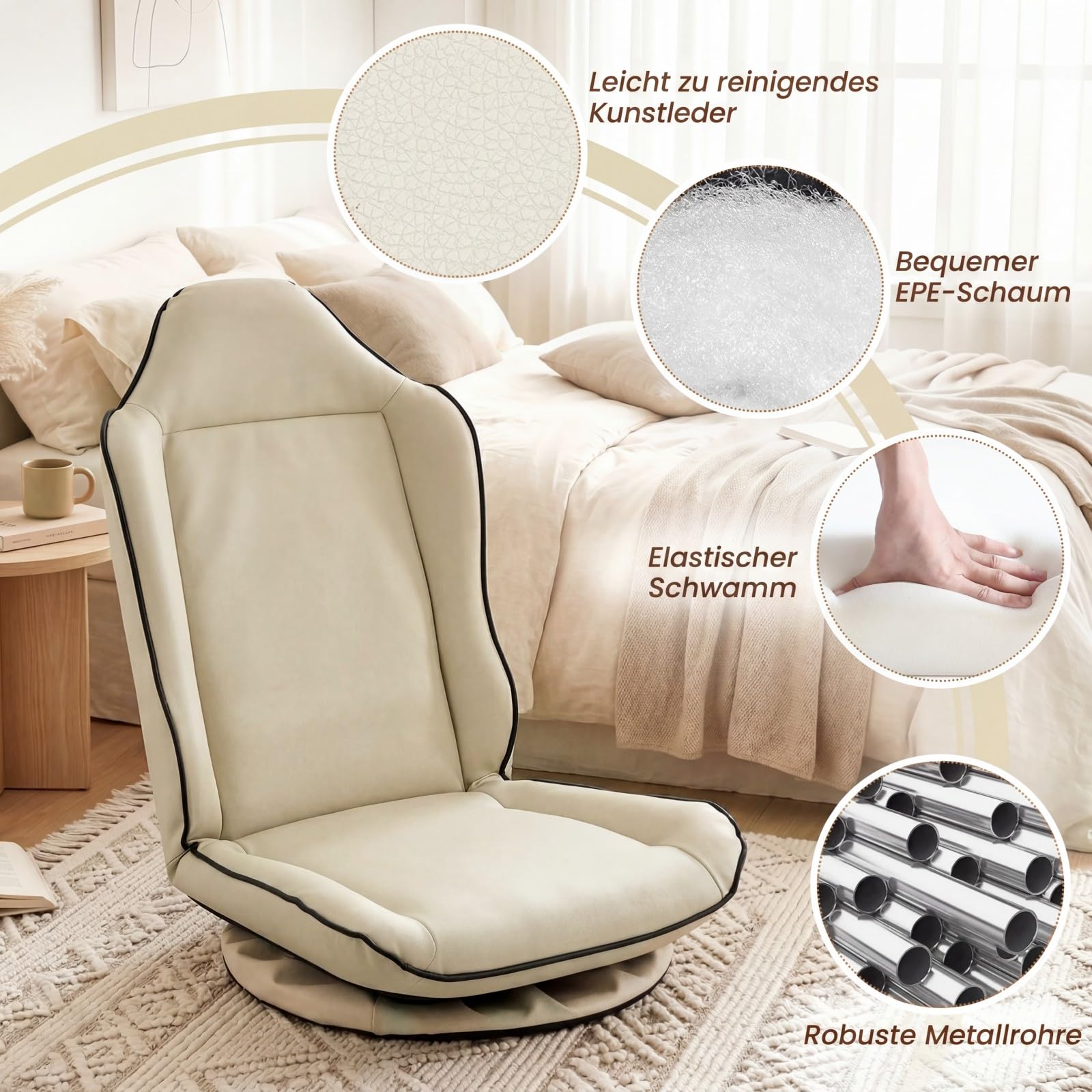 COSTWAY Fotel podłogowy, obracany o 360°, krzesło podłogowe z regulowanym oparciem | Ergonomiczny fotel gamingowy z wyściełanym siedziskiem, składane krzesło do medytacji obciążenie do 150 kg, do domu i biura