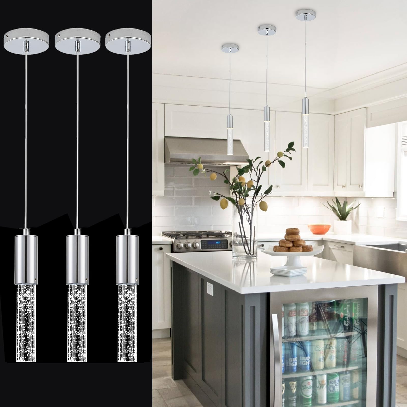 Cuaulans Pendant Lights Kitchen Island 3 Pack, 3000K LED Crystal Bubble ...