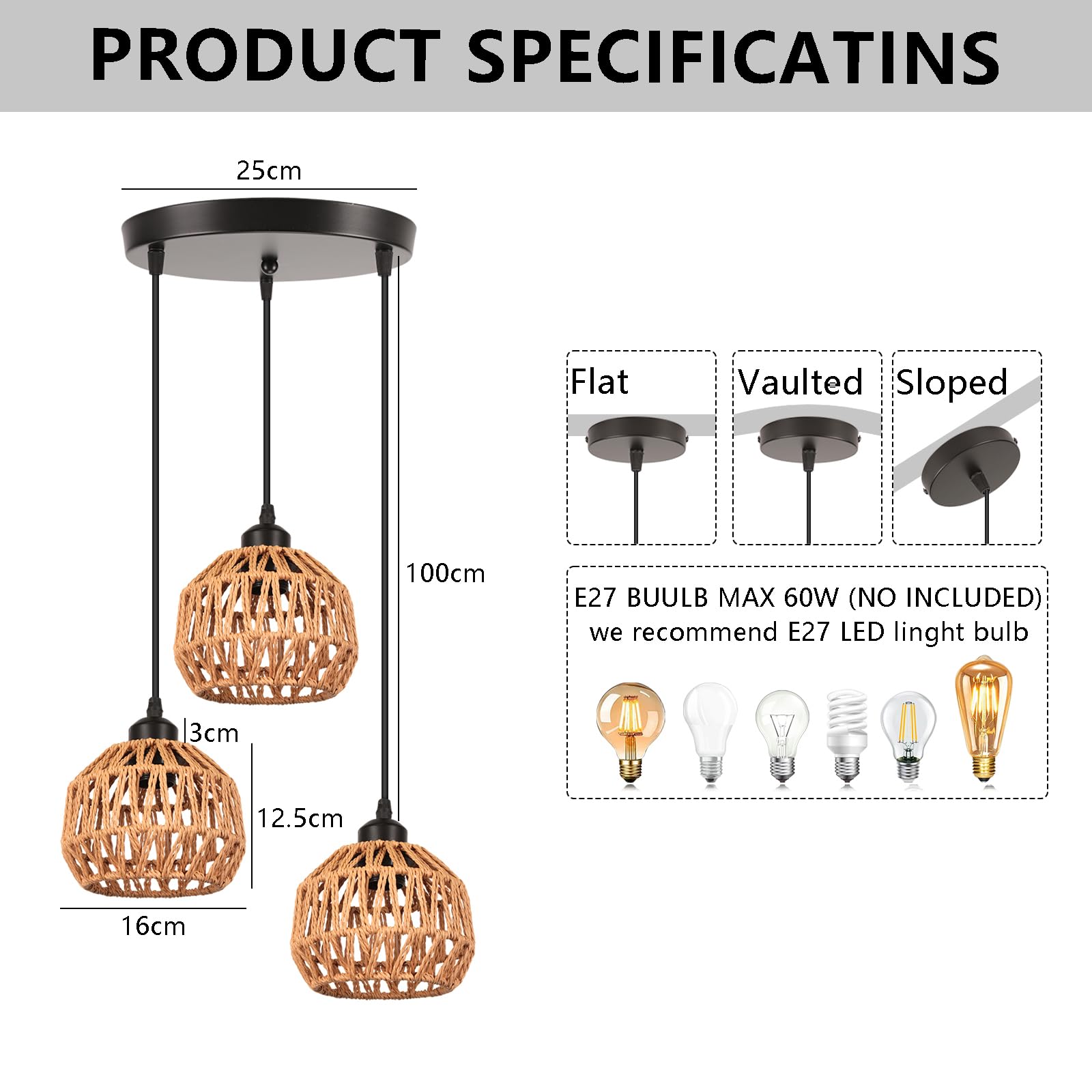 3-Light industrialna lampa wisząca w stylu vintage, metalowa linka papierowa, lampa wisząca, E27, retro, lampa sufitowa do jadalni, salonu, sypialni