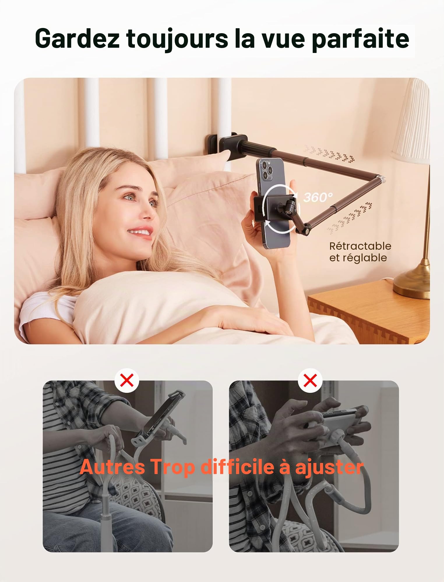 JSAUX Support de téléphone pour Bureau et lit, Support de téléphone Flexible Universel à 360° avec Pince de Serrage pour Table de Chevet, Compatible avec iPhone 14, 13, 12, 11, etc. [Noir]