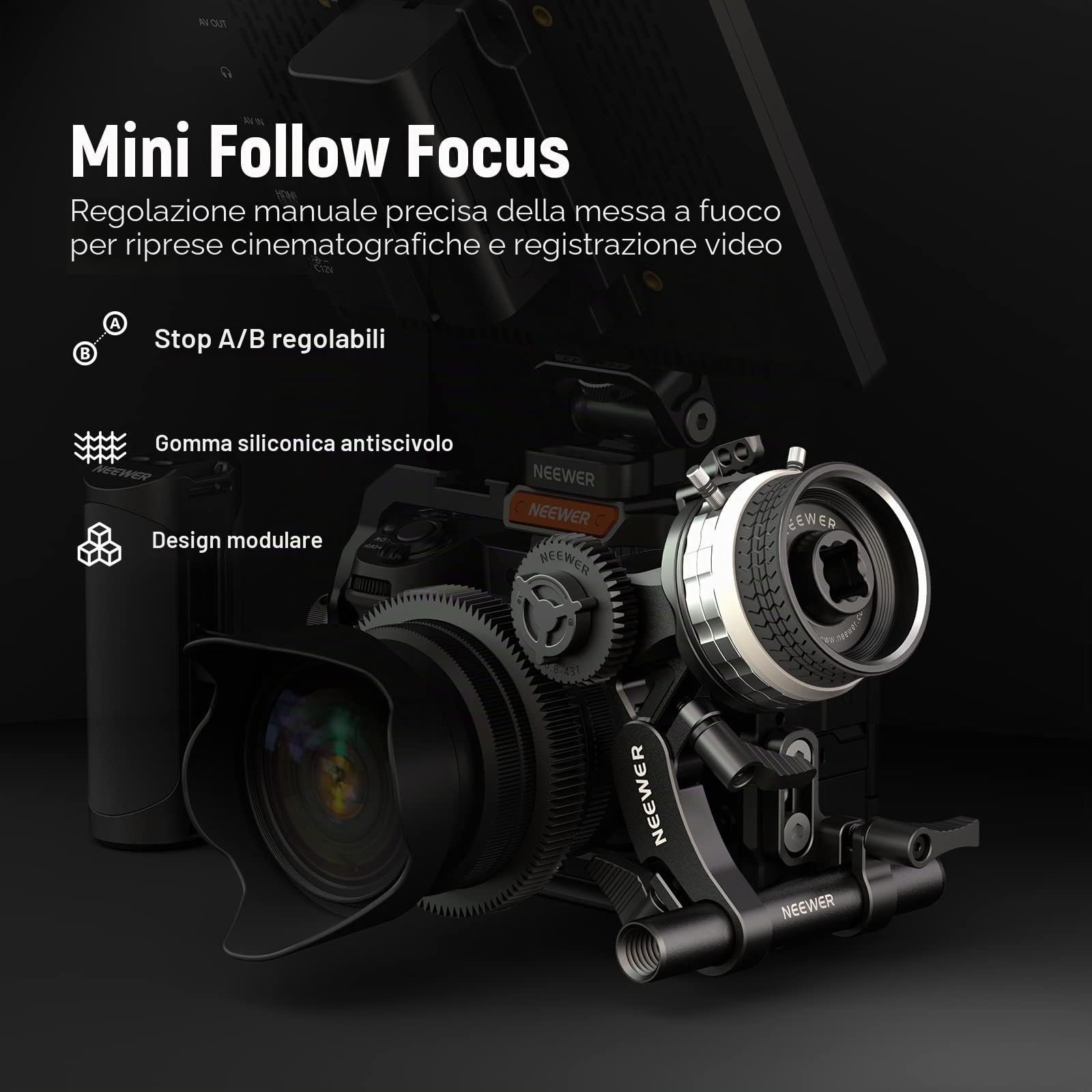 NEEWER Mini Follow Focus con attacchi A/B, corona dentata, asta da 15 mm e morsetto per fotocamera a film, fotocamera DSLR/senza specchio, compatibile con lenti di diametro fino a 114 mm, PG001
