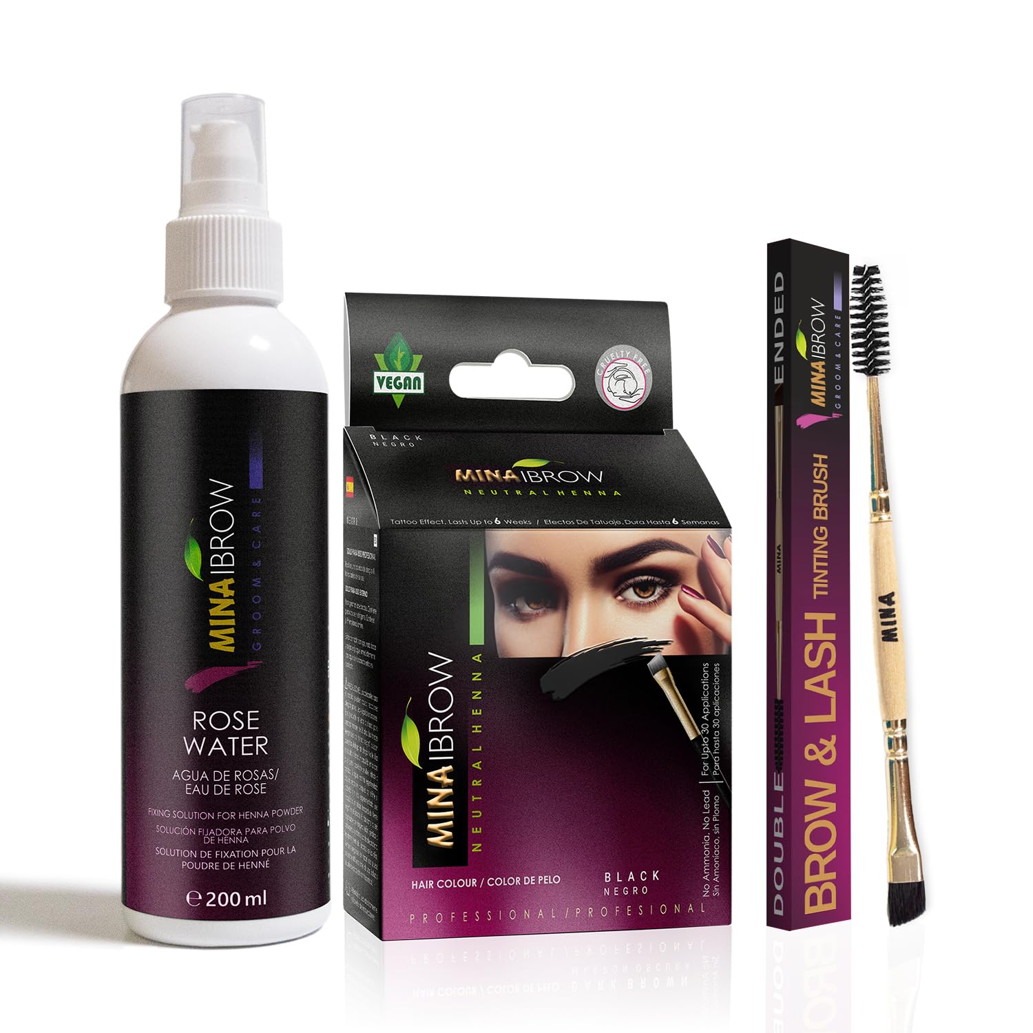 MinaiBrow Black Natural Tinting Powder with Rose Water & Duo Angled Brush | Smudge-Proof Instant Brow Dye for 100% Gray Coverage