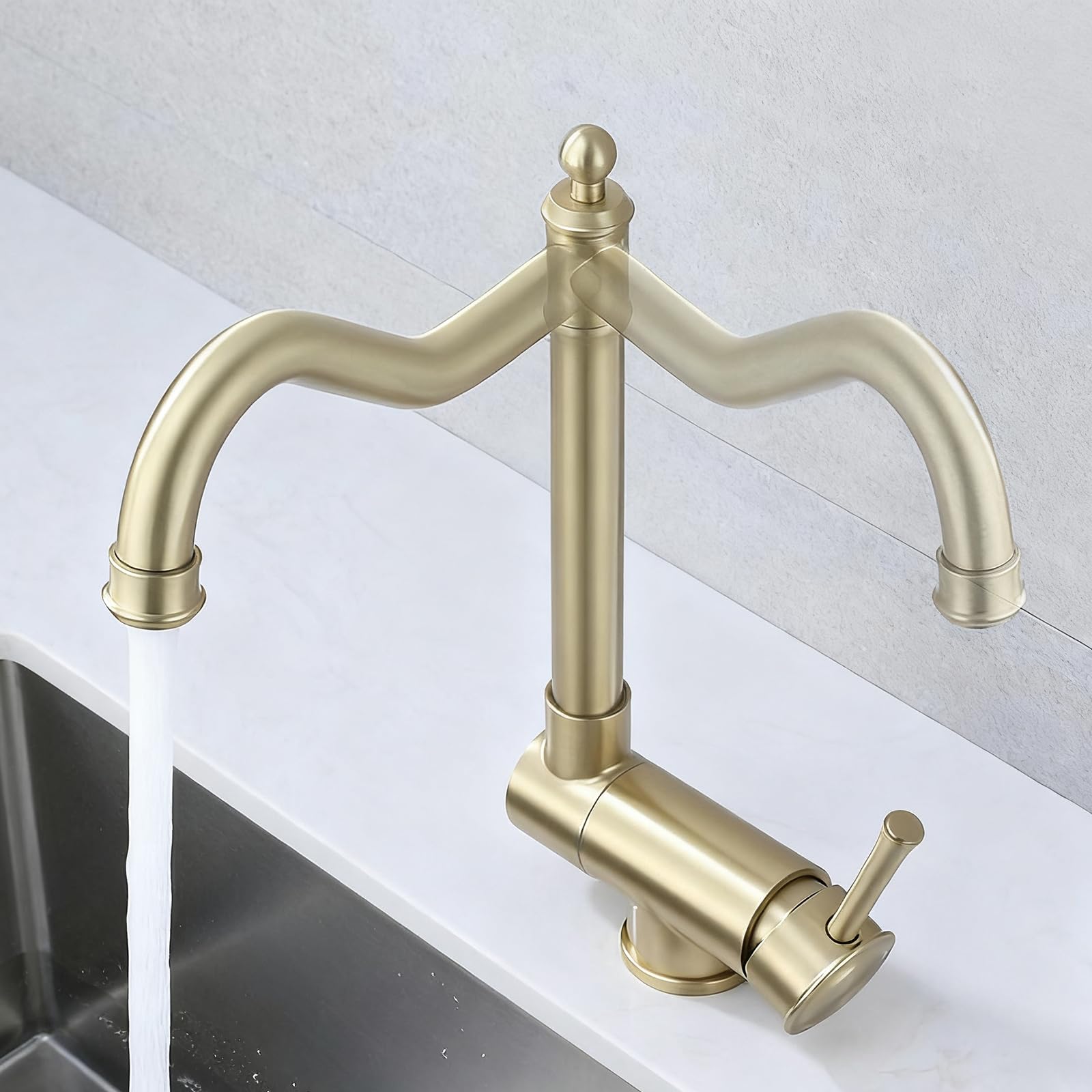 Grifo de Cocina para Ventana Grifo Abatible Cocina Oro Cepillado Grifo de Fregadero Abatible Acero Inoxidable Giratorio-Cepillado