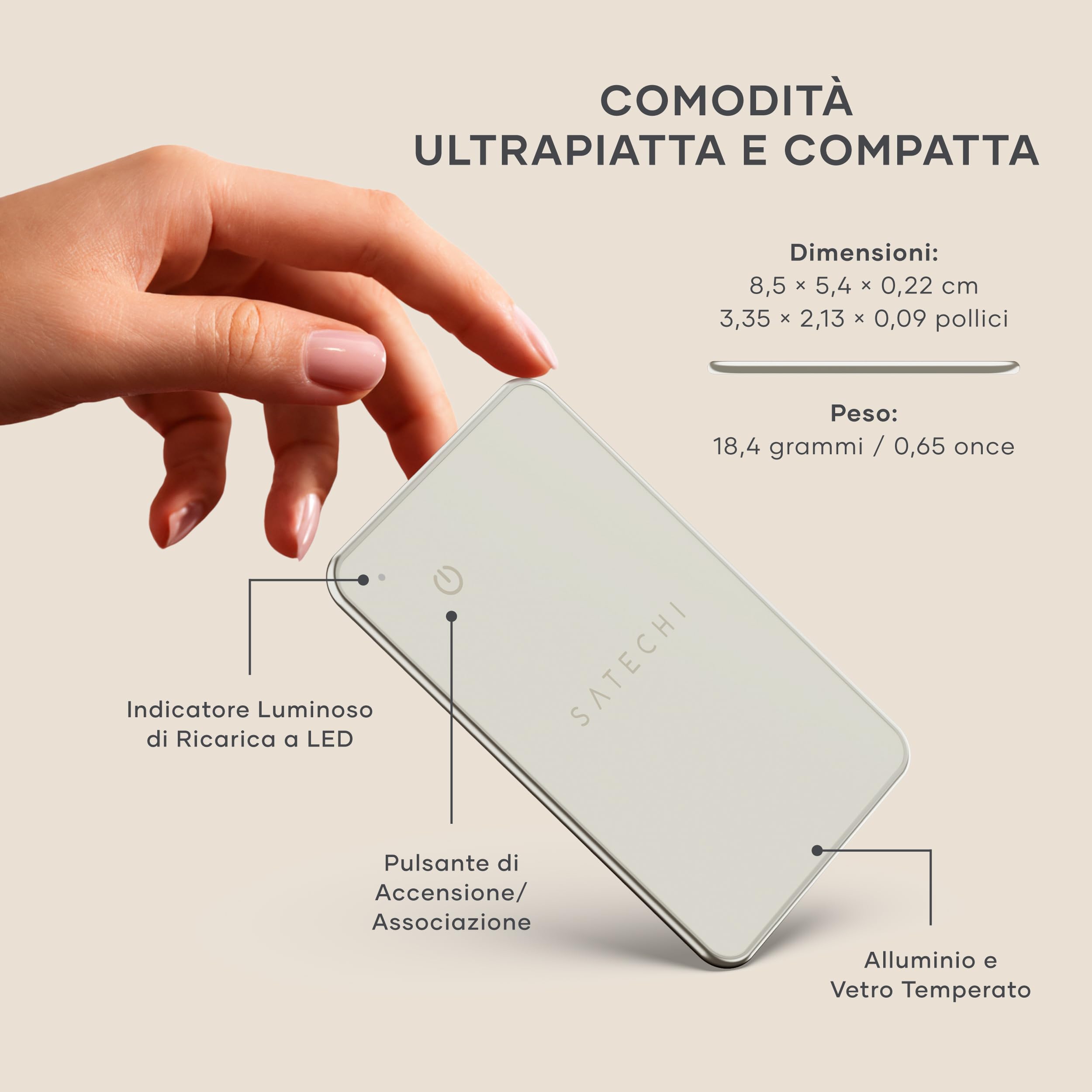 SATECHI FindAll GPS Tracker per Portafogli, Apple Find My, Beige | Localizzatore Bluetooth, ricarica wireless, avvisi di smarrimento potenti, per iPhone, iPad, Mac