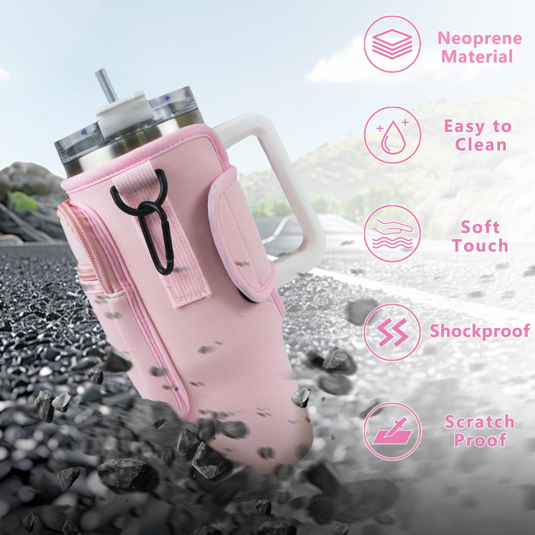 Tragetasche Für Stanley Cup 1,2 L – Mit Handyfach, Verstellbarem Riemen, Aus Neopren (Rosa), Für Camping, Fitness & Reisen