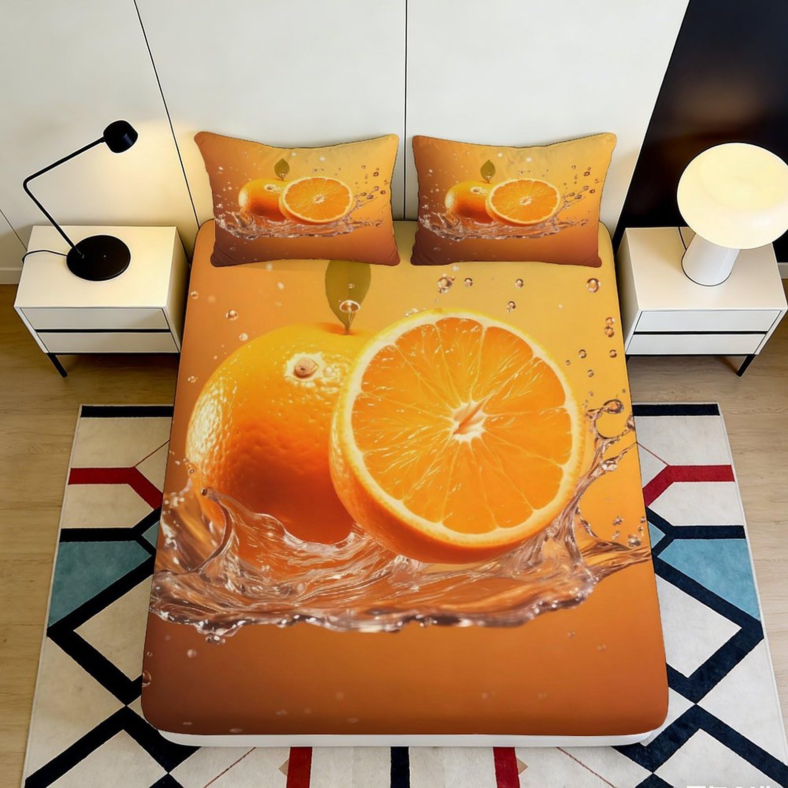 3D Printed Orange Fruit Fitted Sheet Microfiber Soft Breathable Citrus Mattress Cover for Bedroom Dormitory Guest Room Mattress Protection Decor 120x200x25cm