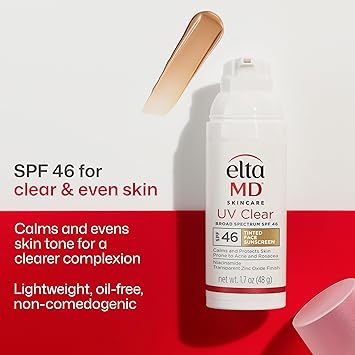 EltaMD UV Clear Tinted Sunscreen for Face, SPF 46 with Zinc Oxide, Oil-Free, Dermatologist Recommended, For Acne-Prone Sensitive Skin, 1.7 oz
