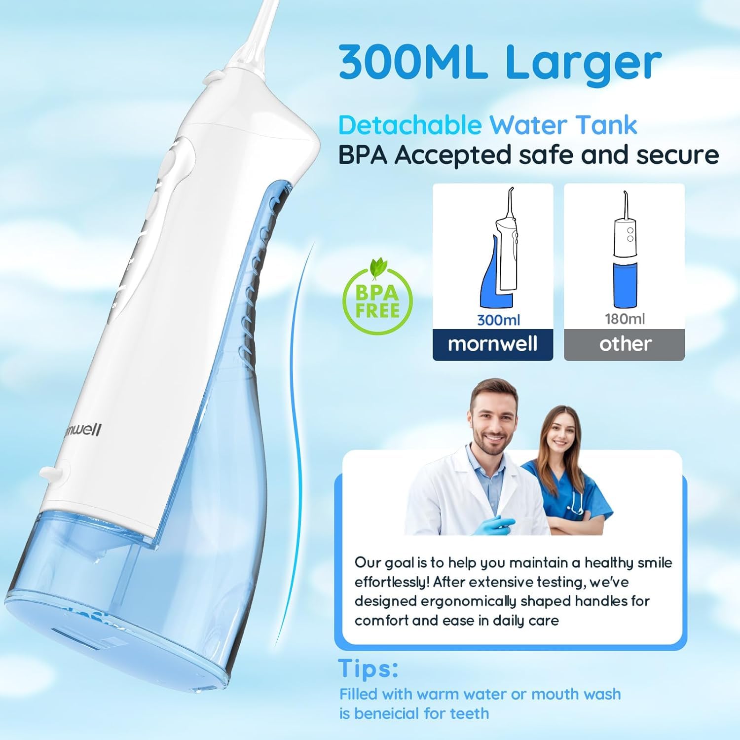 Flosser dentale per denti, idropulsore portatile senza fili, irrigatore orale con 10 intensità, 4 getti, ricaricabile, IPX7, impermeabile, da viaggio (bianco)