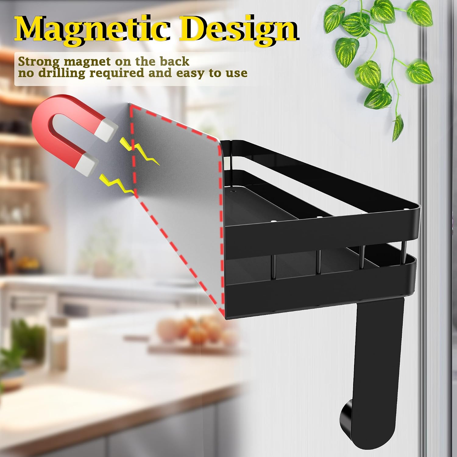 Paper Towel Holder Fridge Magnetic with Shelf - 2 Pack Paper Towel Holder Without Drilling + Magnet Spice Racks with 2 Kitchen Hanging Hooks Heavy Duty Space Saving, Black image 2