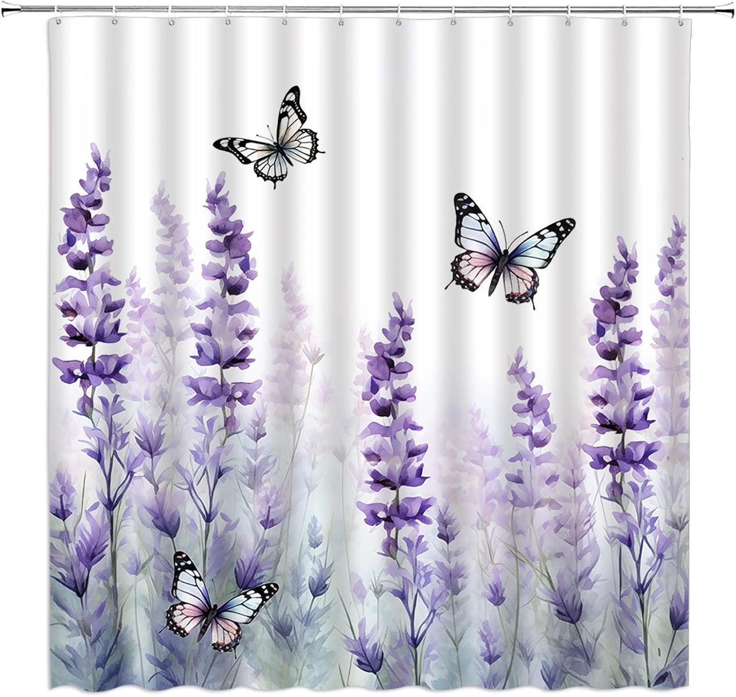 Purple Floral Shower Curtain Lavender Flower Wildflower Butterfly Watercolor Rustic Spring Plant Bathroom Decor Curtain with Hooks,Black Brown