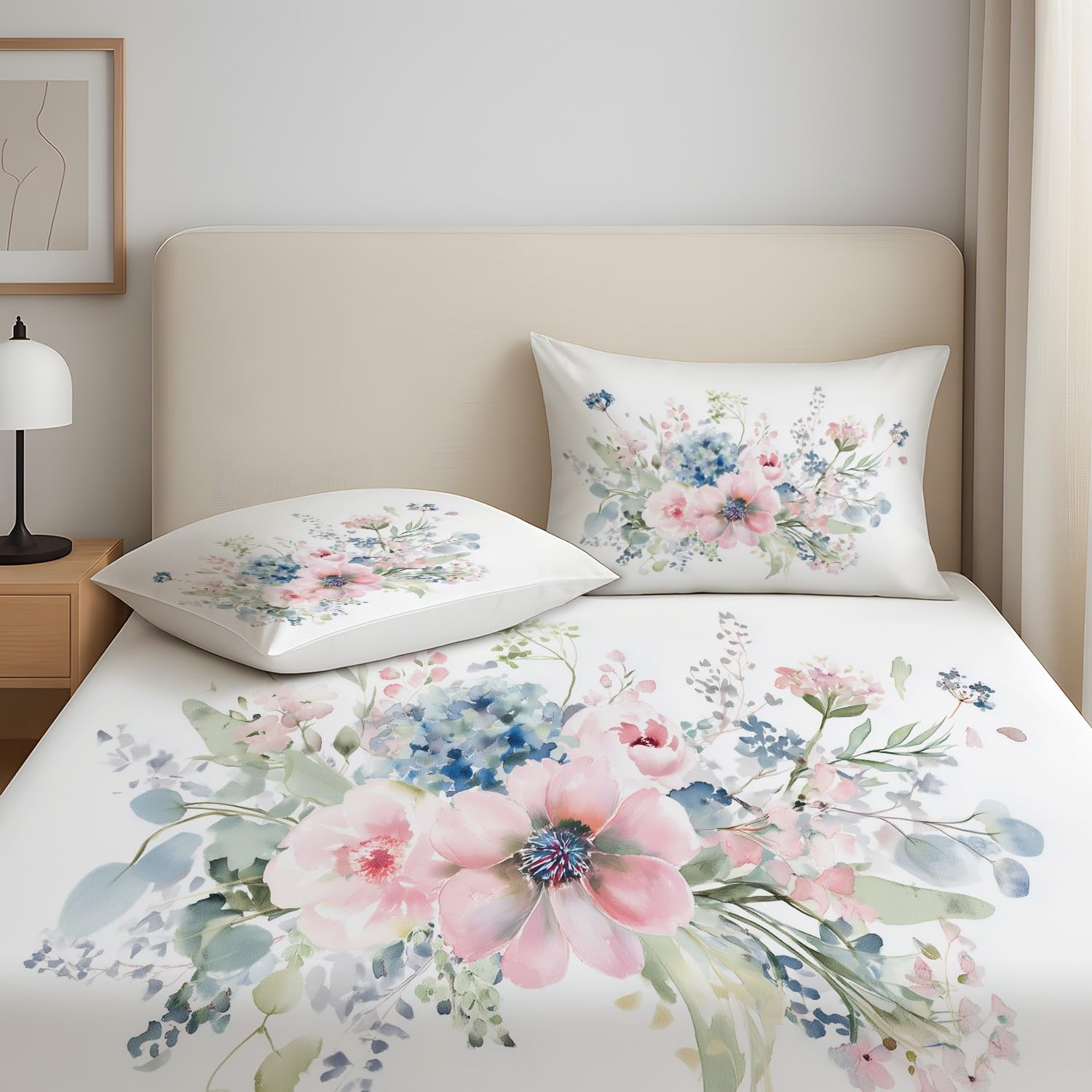 Impressionistische Blüten, Grünes Laub Spannbettlaken 160x200 - Bettlaken Pflegeleicht, Zarte Ästhetik, Leicht und Weich, Bettwäsche-Set, 3-teiliges Damen-Hauptschlafzimmer, Gemütliches Gästezimmer