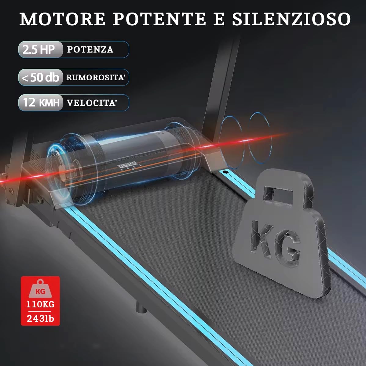 Tapis Roulant elettrico SLIM Home Fitness, Tappeto da corsa pieghevole salvaspazio, Telecomando, Bluetooth integrato, Smartwatch Cardio, App KINOMAP ZWIFT FitShow Velocità regolabile 10 km/h