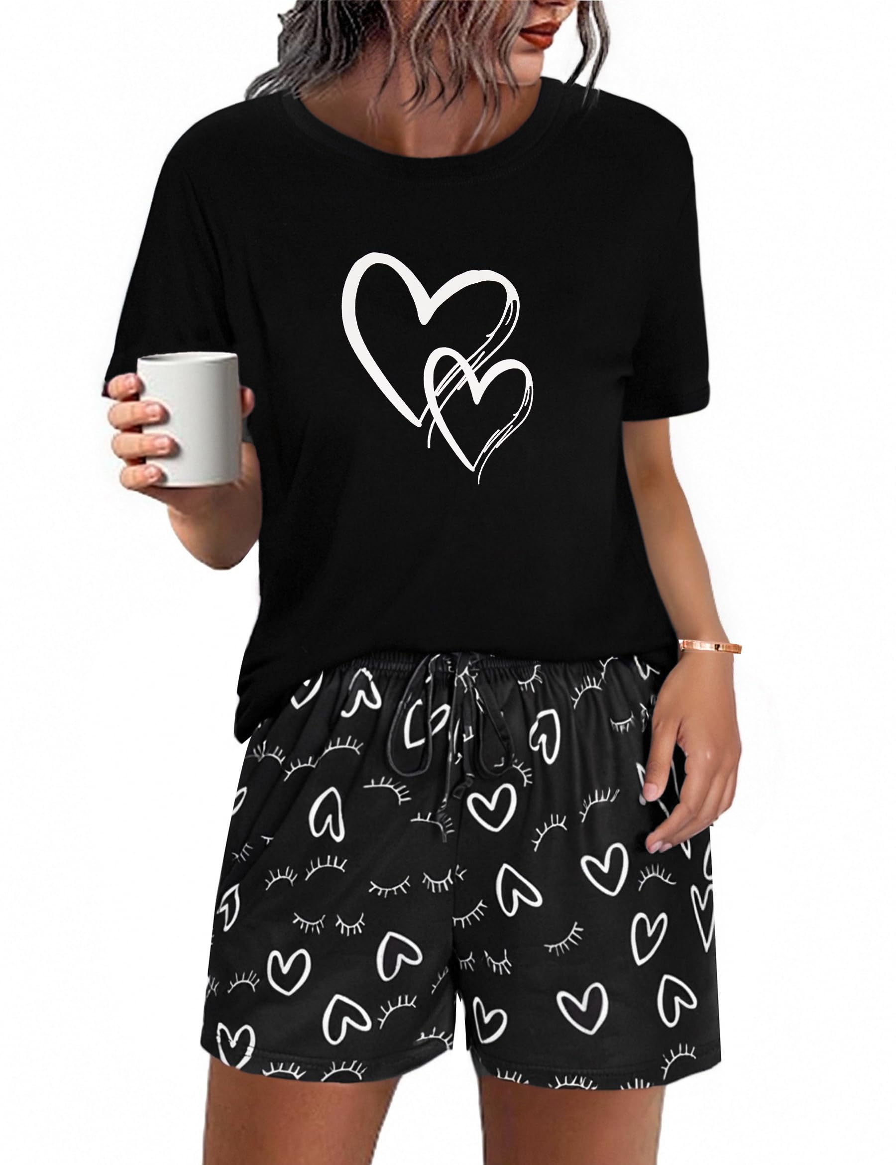 Uniexcosm Schlafanzug Damen Kurz Zweiteiler Pyjama Set Baumwolle Nachtwäsche Löwenzahnmuster Oberteil und Polka Dot Schlafshort Sleepshirt für Sommer